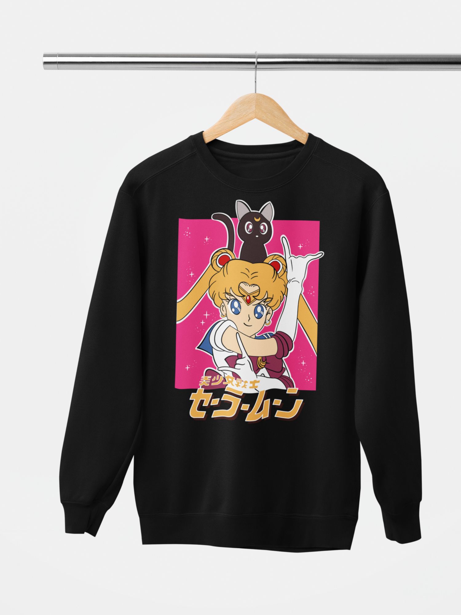 Sailor Moon Crewneck Sweatshirt With Luna Cat Graphic In Black & White — front view