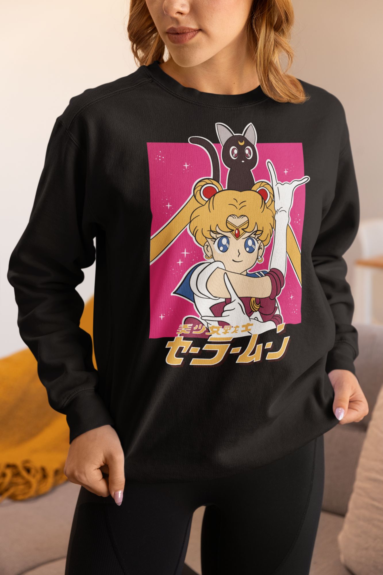 Sailor Moon Crewneck Sweatshirt With Luna Cat Graphic In Black & White — back view thumbnail