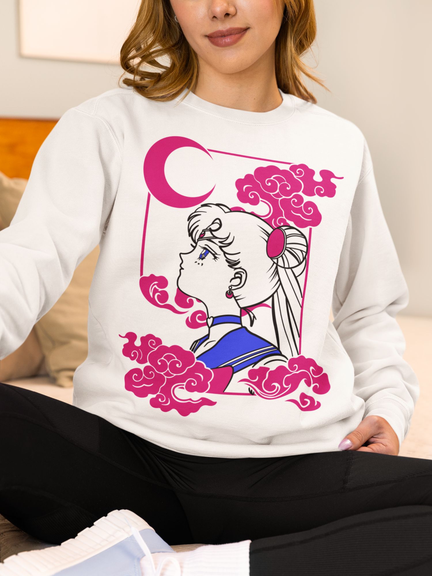 Sailor Moon Graphic White Sweatshirt With Pink Clouds — front view