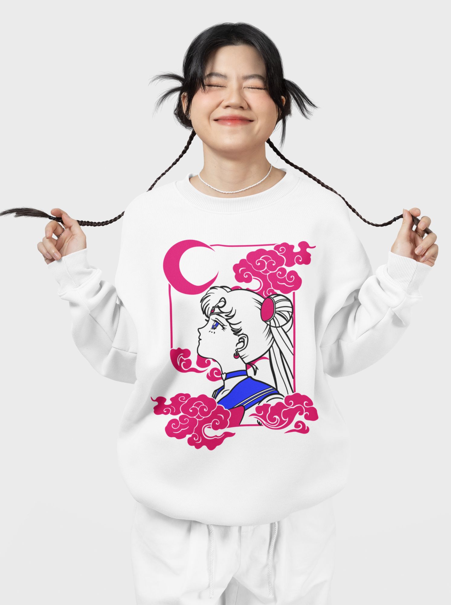 Sailor Moon Graphic White Sweatshirt With Pink Clouds — back view thumbnail
