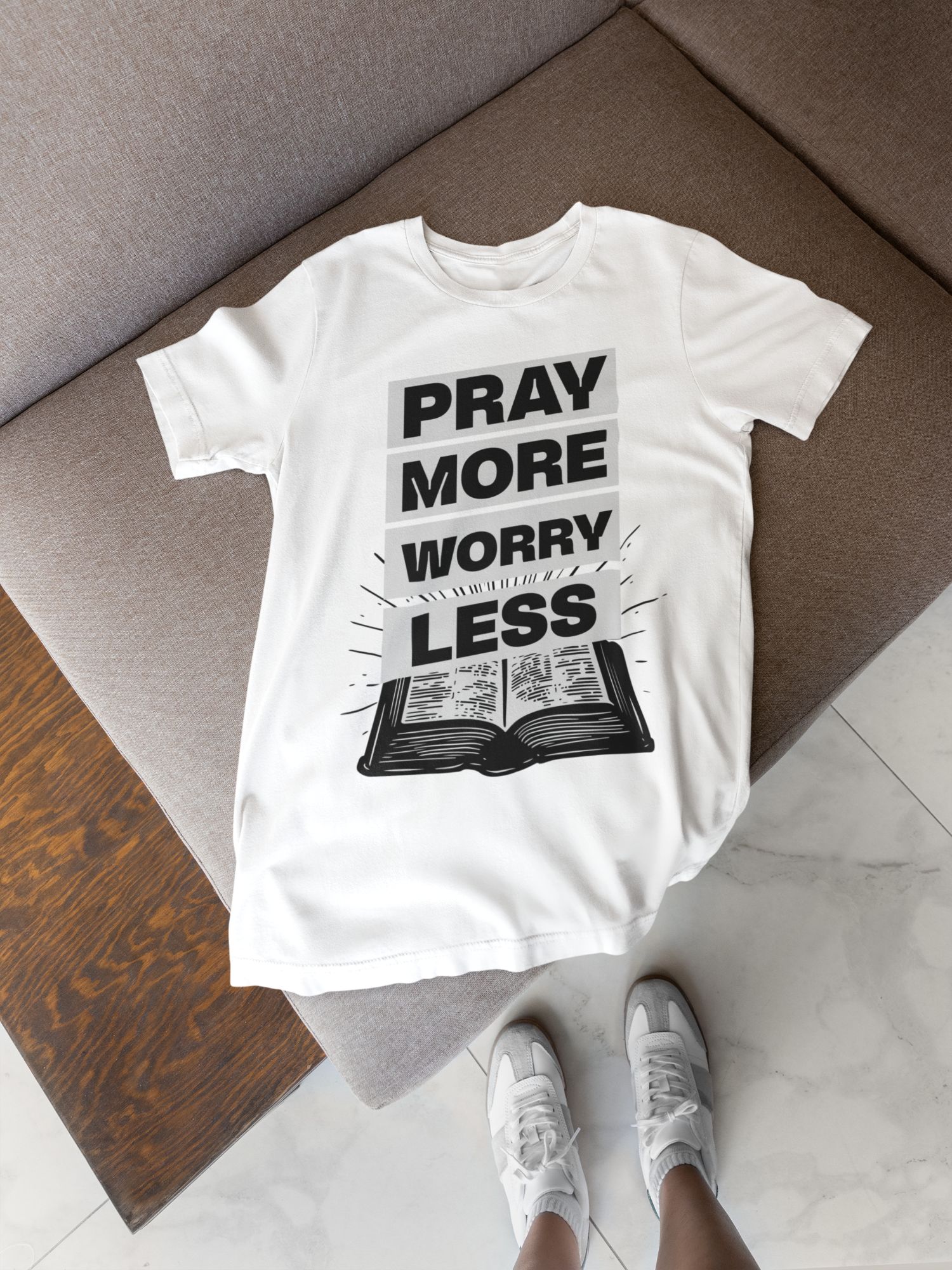 Pray More Worry Less Inspirational Graphic T-Shirt In Multiple Colors Unisex Fit Cotton Blend Material — front view