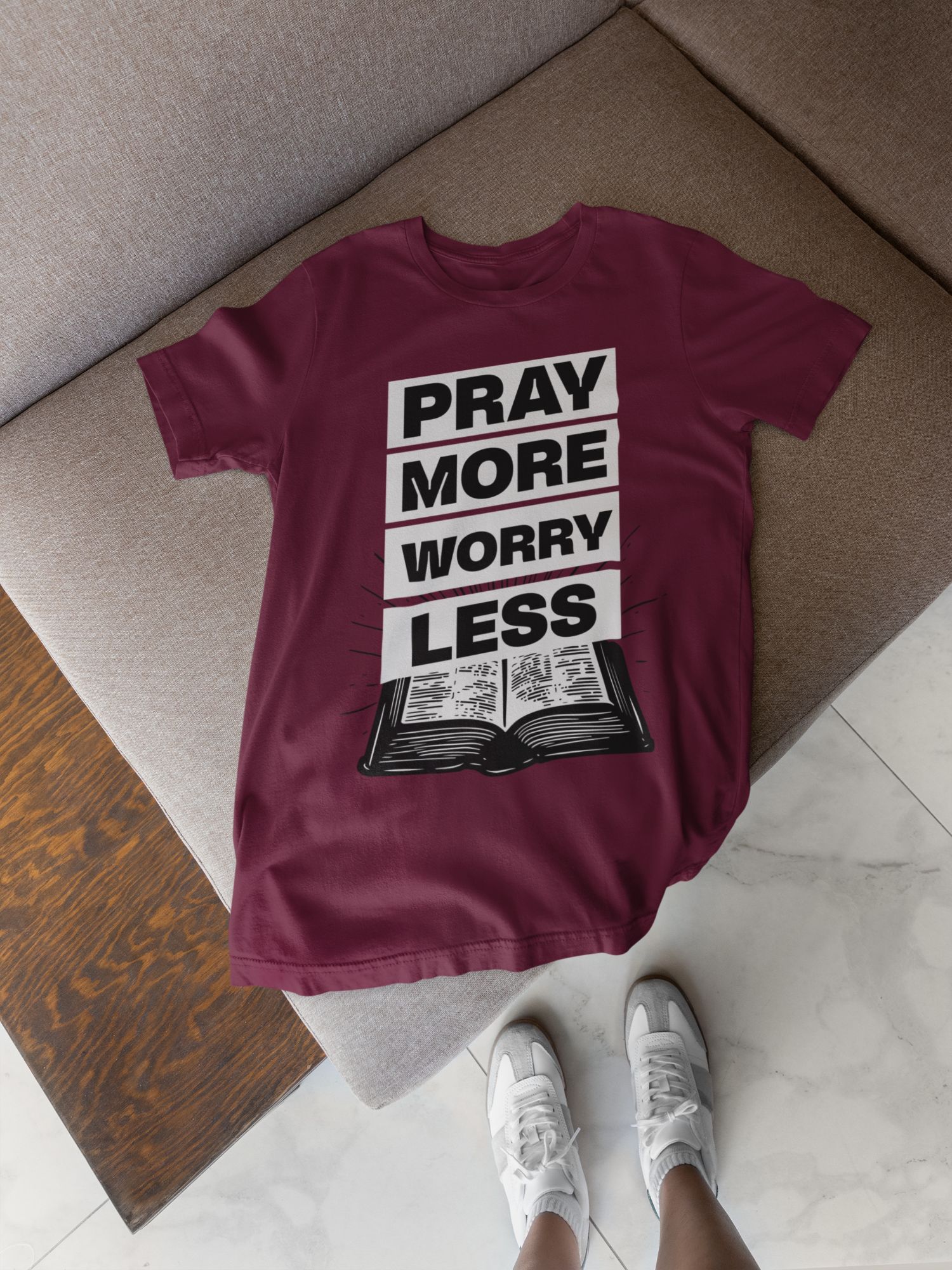 Pray More Worry Less Inspirational Graphic T-Shirt In Multiple Colors Unisex Fit Cotton Blend Material — back view thumbnail