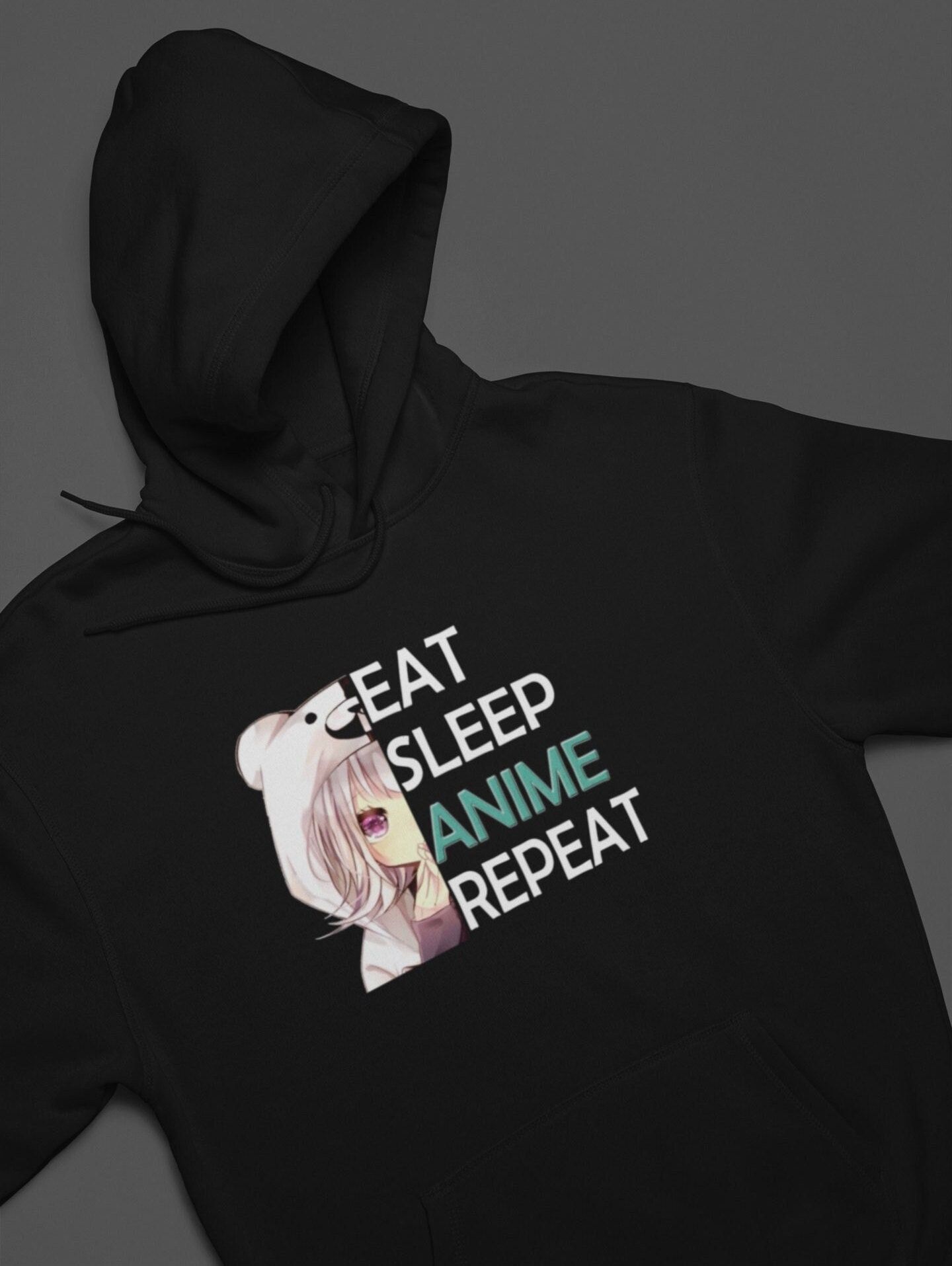 Unisex ‘Eat Sleep Anime Repeat’ Graphic Hoodie Gift for Her Funny Anime Hooded Hoodie Gift for Him Graphics Design Aesthetic Hoodies — front view