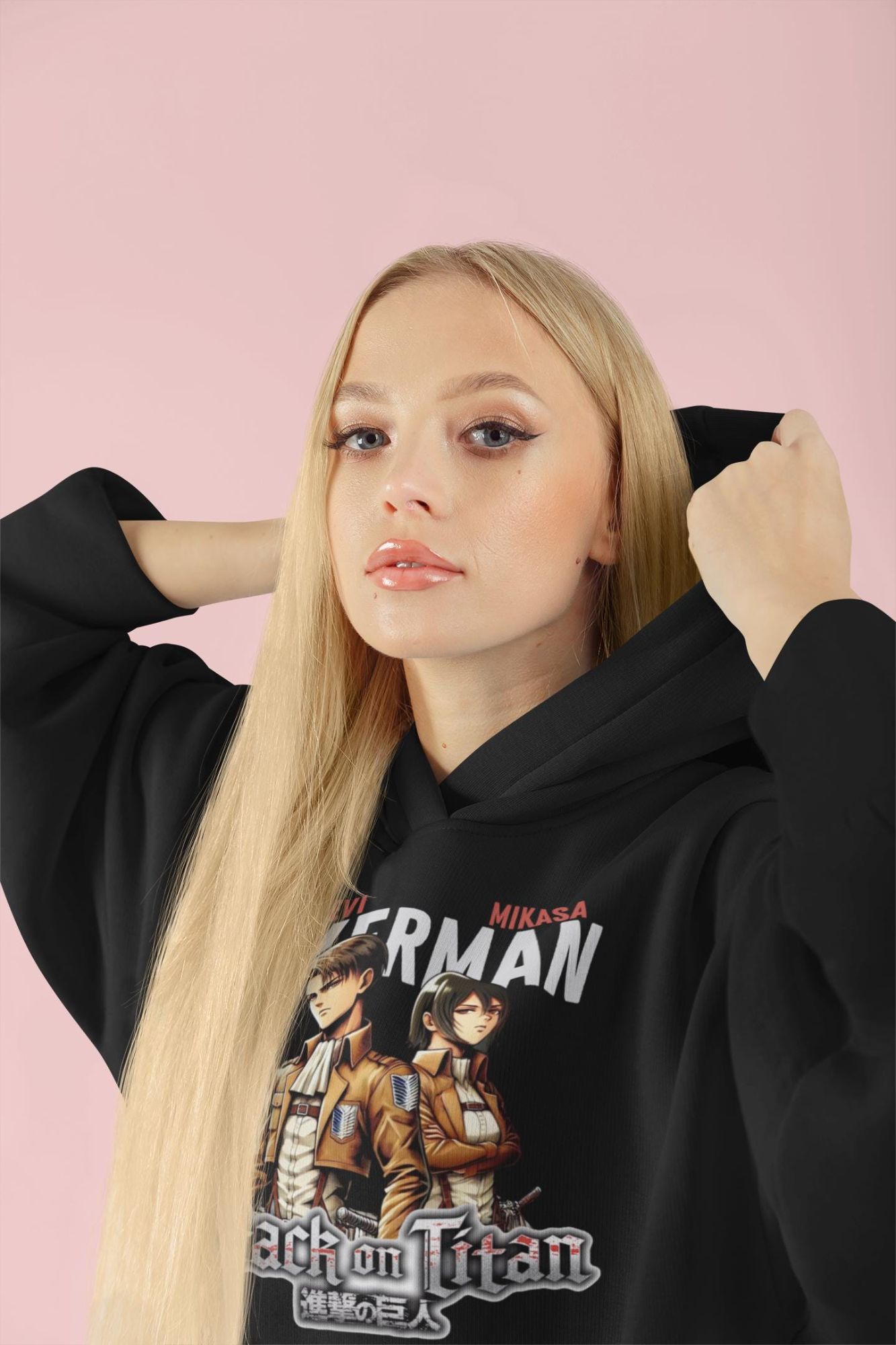 Attack on Titan Hoodie - Mikasa & Levi Ackerman Anime Hooded Sweatshirt - Unisex Manga Pullover - Fan Gift Idea — back view thumbnail
