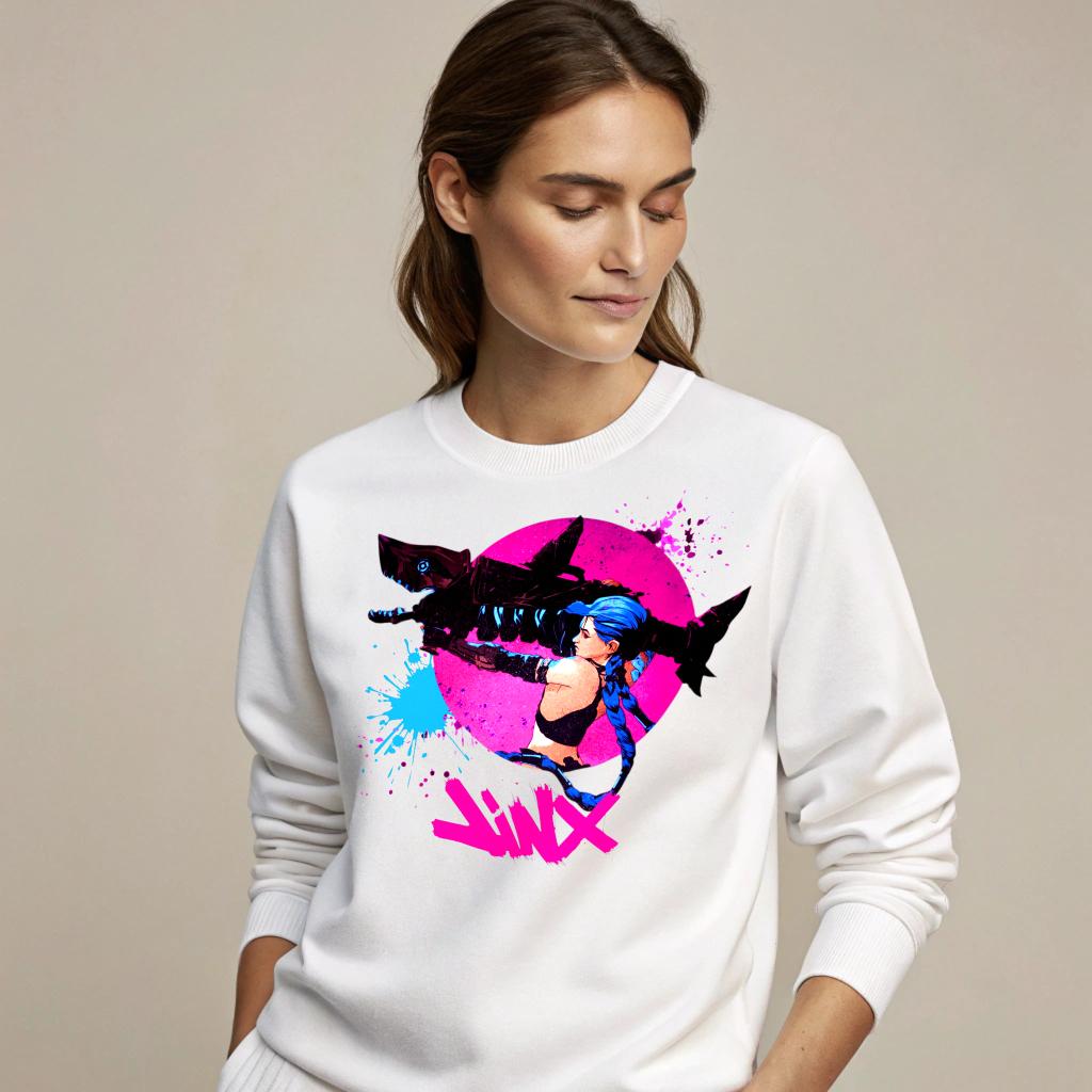 Jinx Crewneck Sweatshirt - League of Legends & Arcane Graphic, Unisex, Sizes S-4XL — back view thumbnail