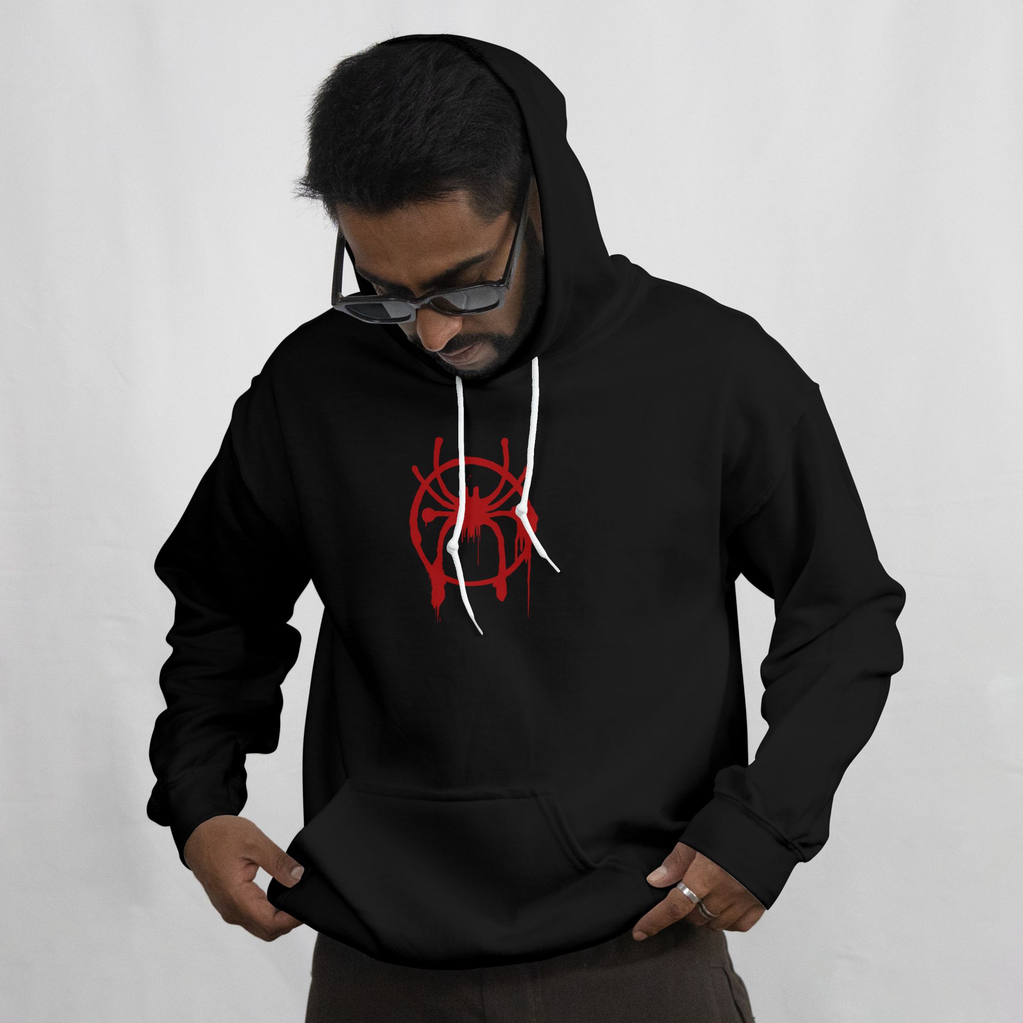 Spider-Themed Dripping Red Graphic Hoodie & T-Shirt In Black & White — front view