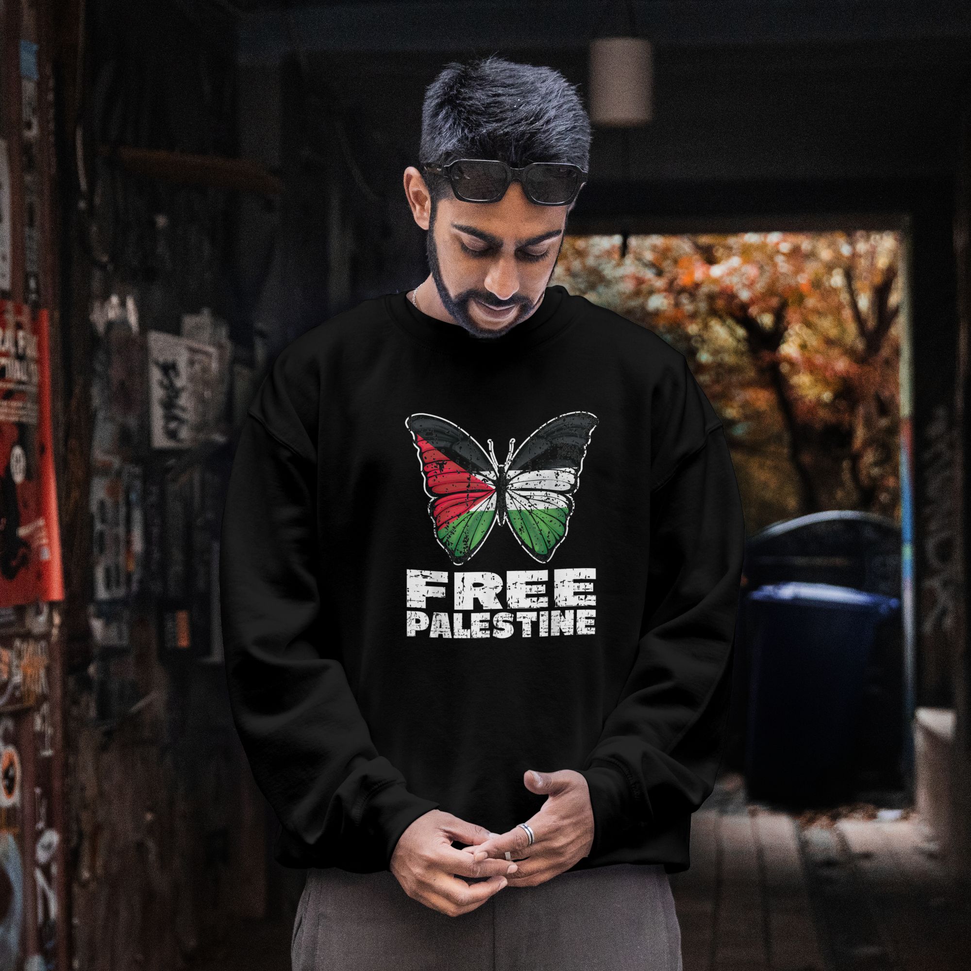 Free Palestine Graphic T-Shirt Hoodie Or Sweatshirt With Butterfly Design In Black — front view