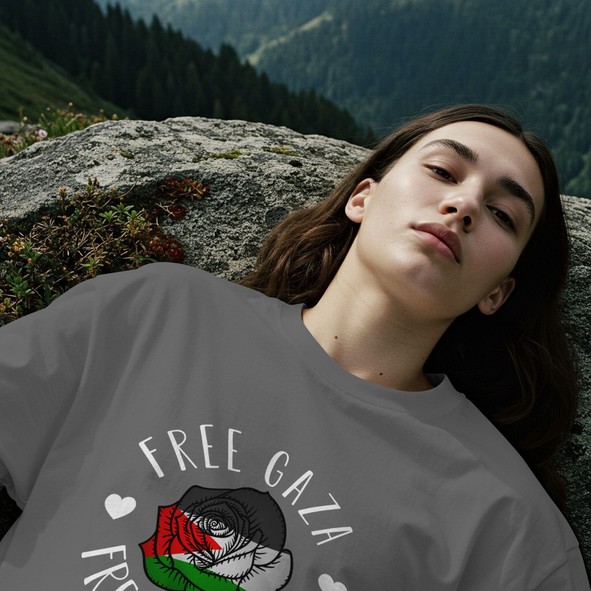 Free Gaza Free Palestine Graphic Shirt With Peace Rose Design — back view thumbnail