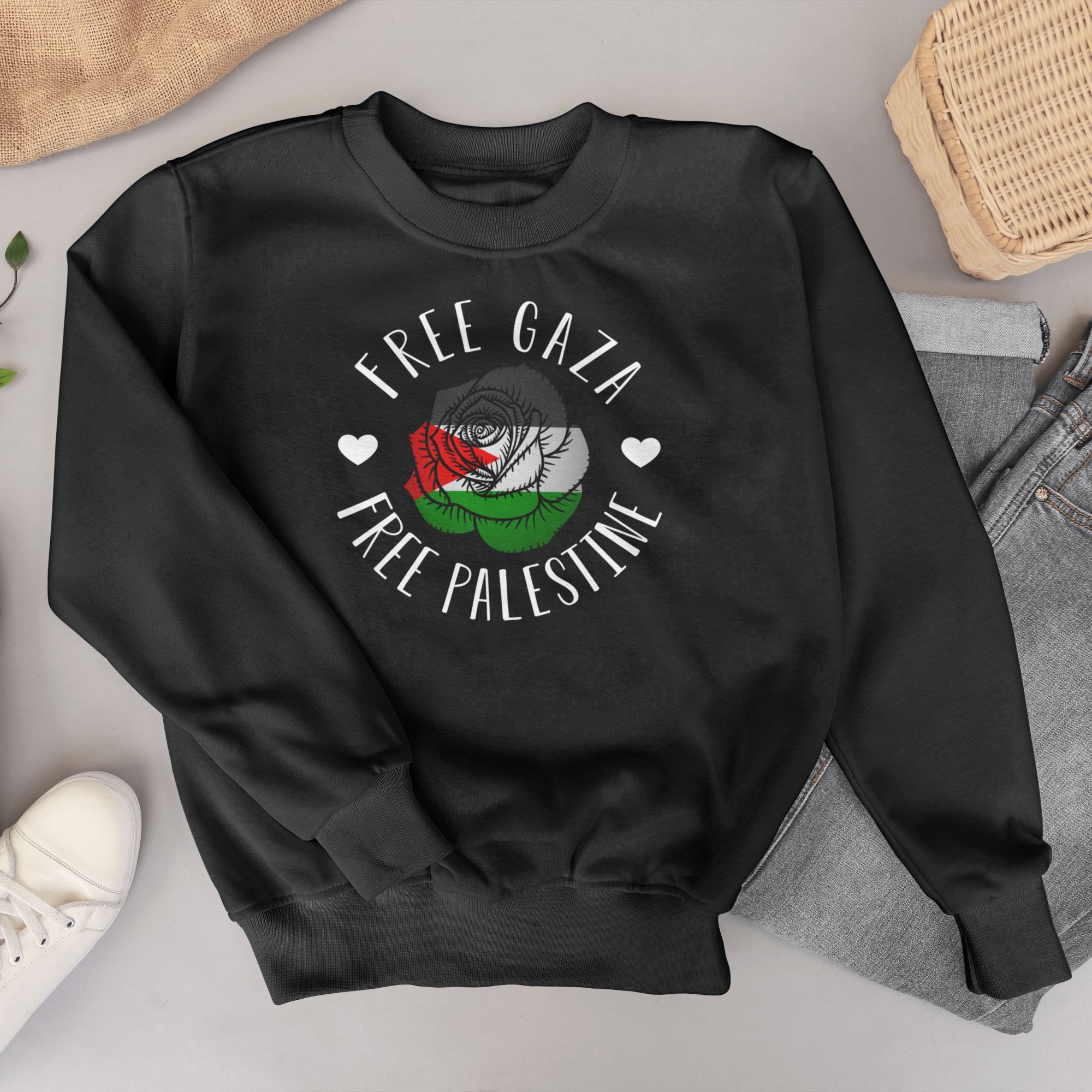Free Gaza Free Palestine Graphic Shirt With Peace Rose Design — front view