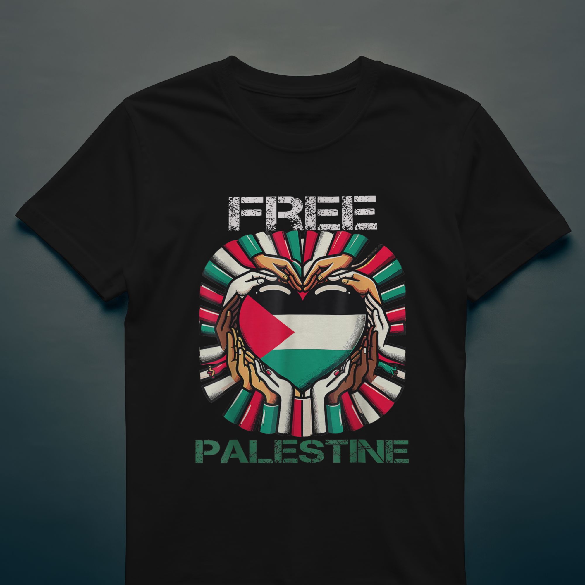Free Palestine Graphic T-Shirt & Hoodie With Heart Hands Design — front view