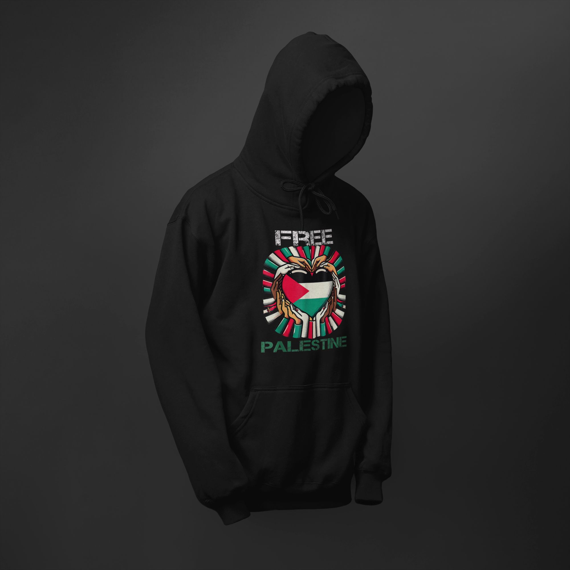 Free Palestine Graphic T-Shirt & Hoodie With Heart Hands Design — back view thumbnail