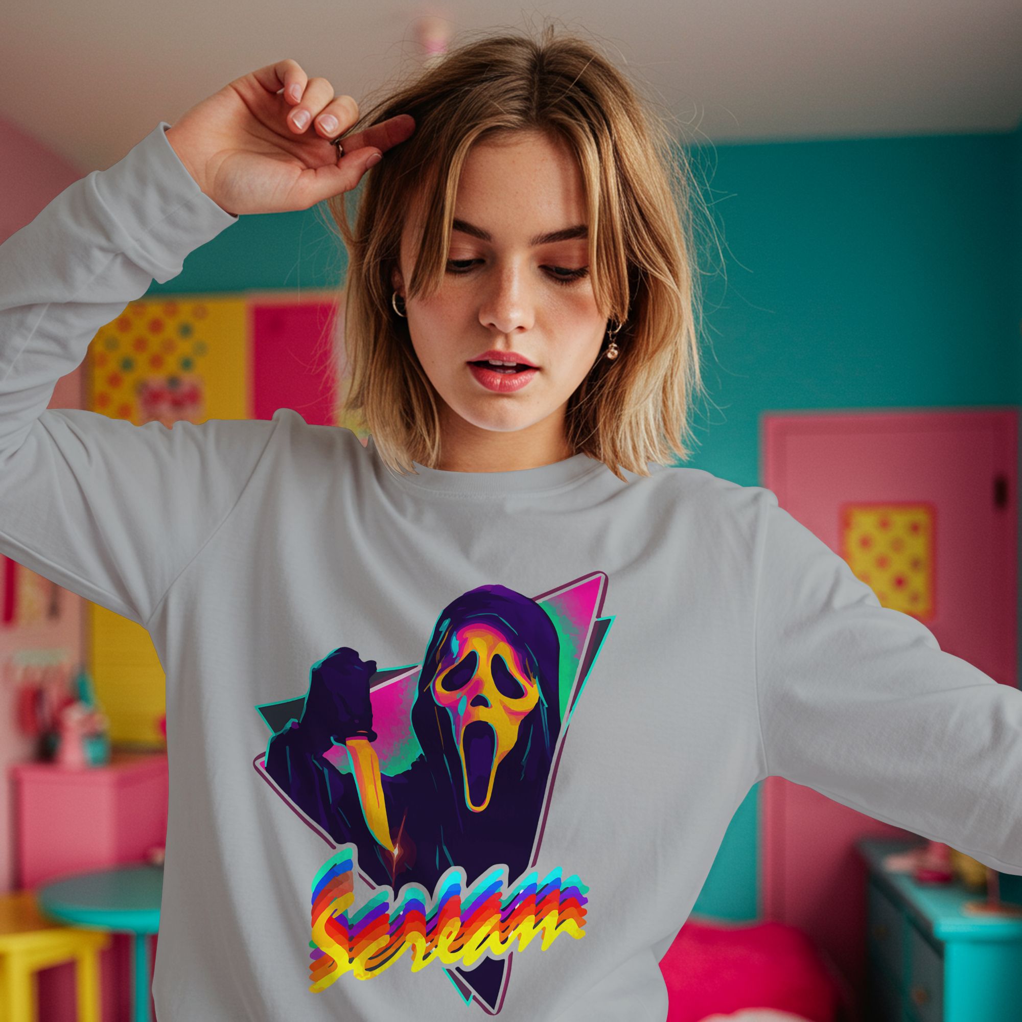 Scream Retro Neon Graphic Tee & Hoodie — back view thumbnail