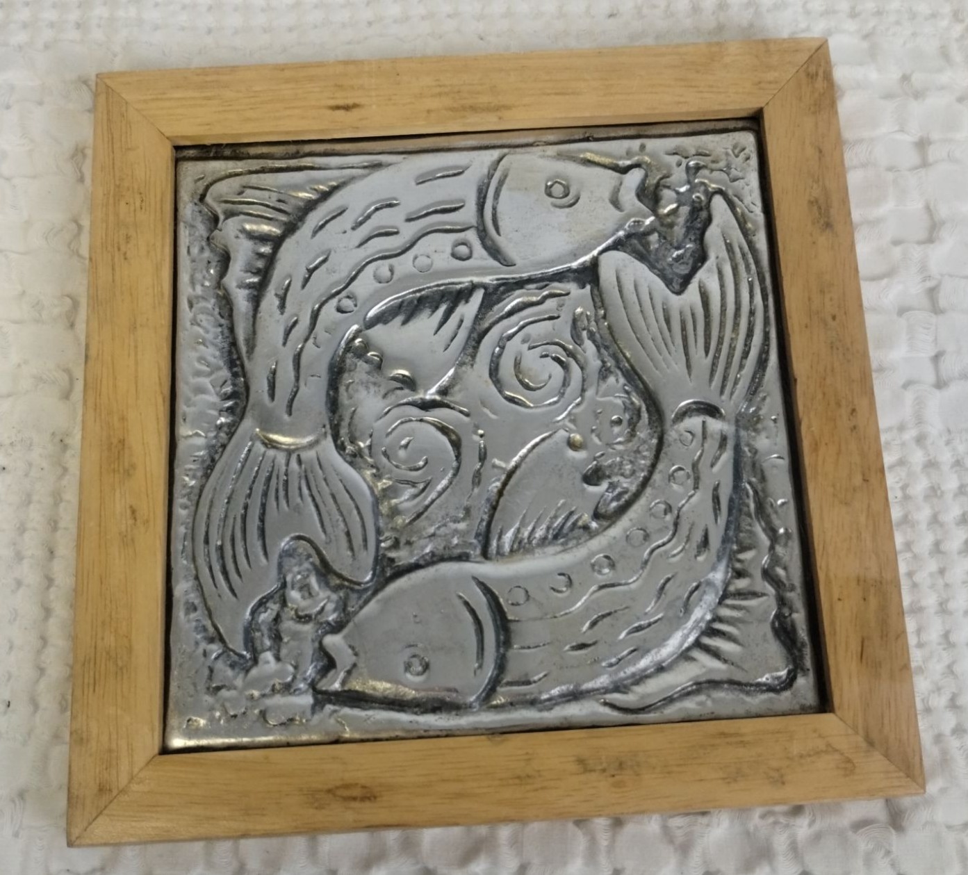 Vintage Wooden Frame with Metal insert engraved with 2 koi fish