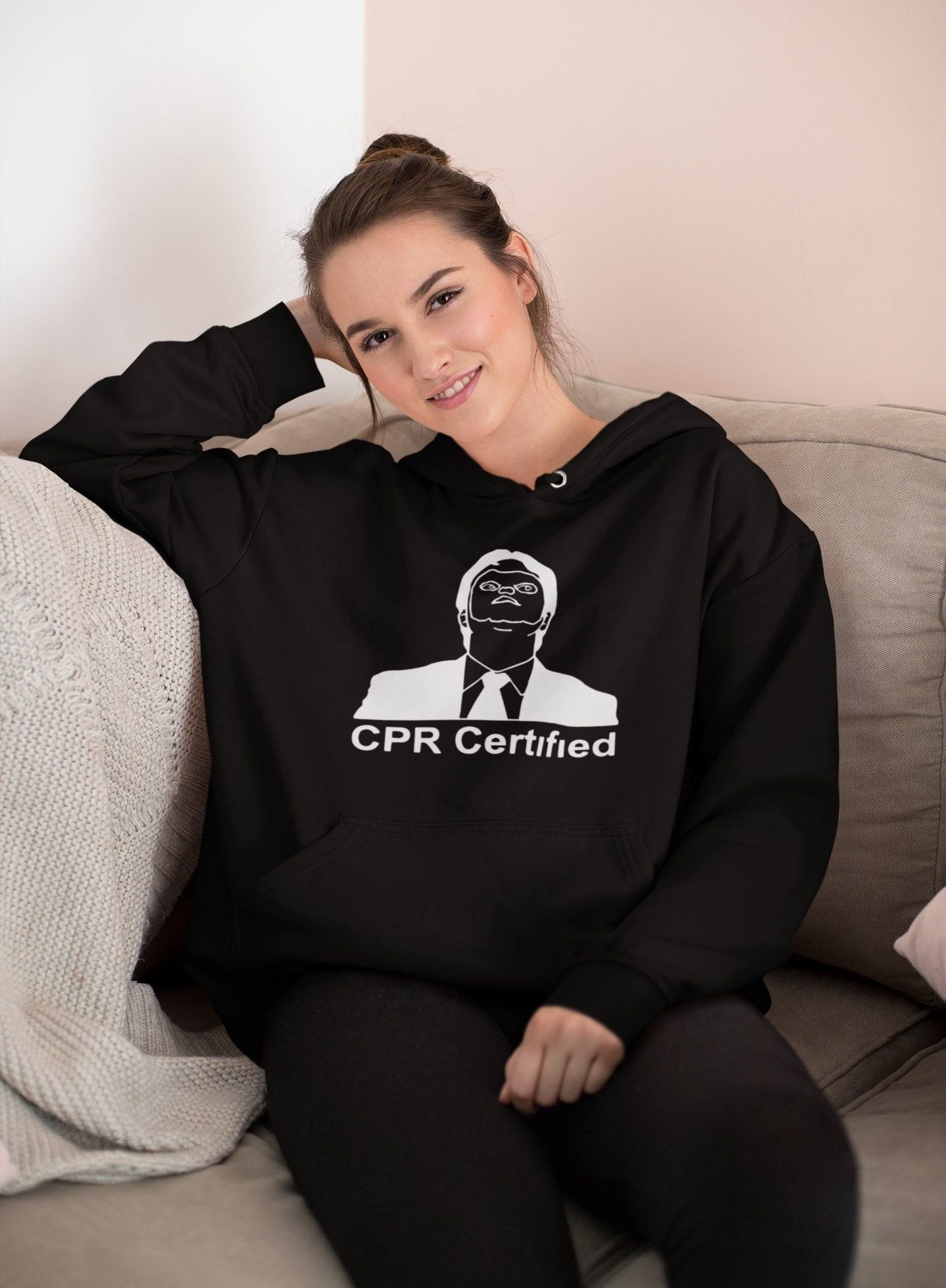 CPR Certified Hoodie Gift for Her Long Sleeve Pullover Hoodie Gift for Him Dwight Schrute Hoodies for Men Unisex Graphic Hoodie Funny Gifts — front view