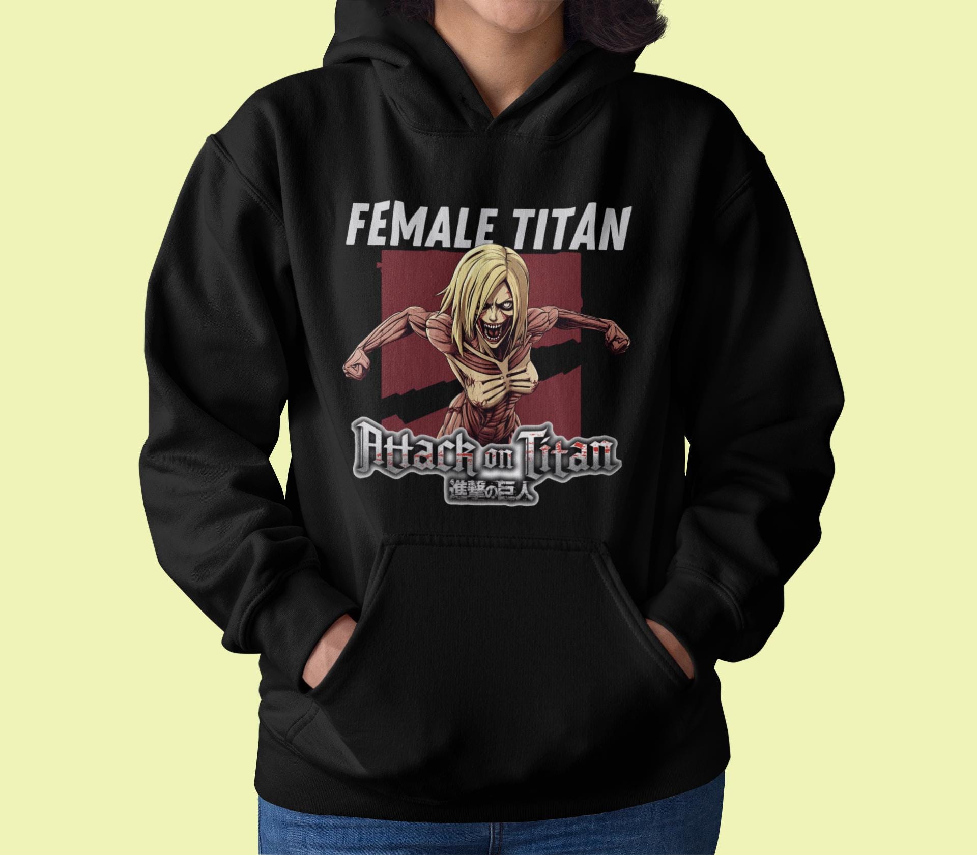Attack on Titan Female Titan Hoodie - Anime Graphic Sweatshirt for Fans - Unisex Black Pullover — front view