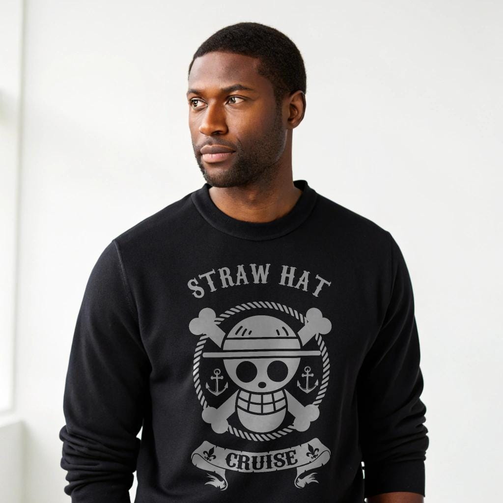 One Piece Straw Hat Cruise Crewneck - Pirate Skull Graphic Sweatshirt, Unisex, Sizes S-4XL — back view thumbnail