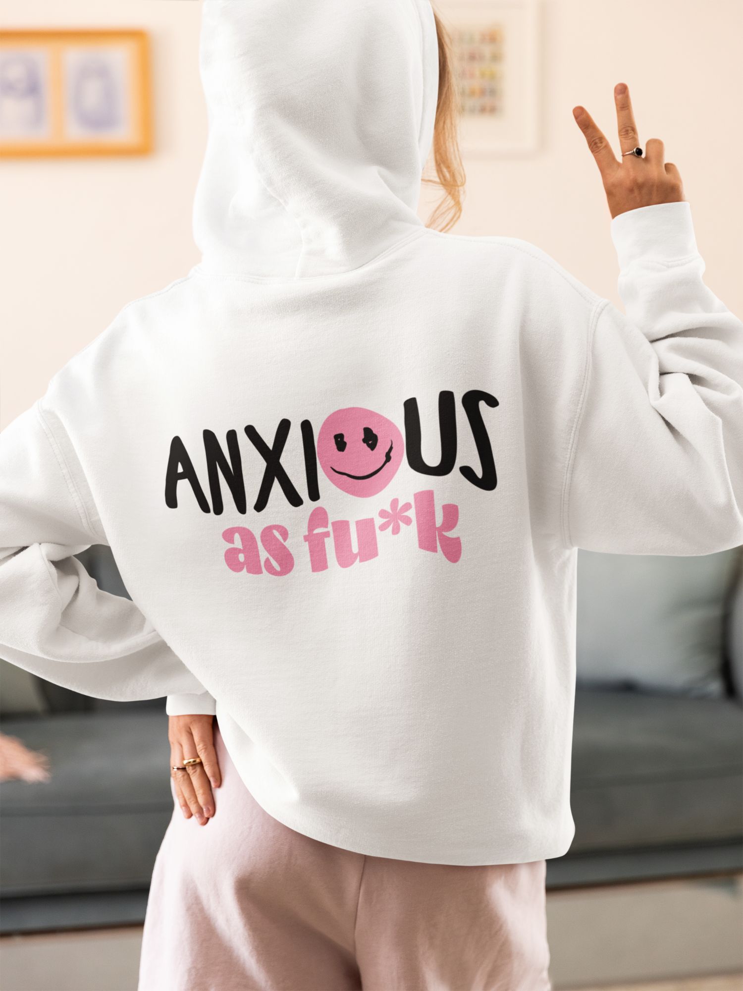 Anxious As Fuk Hoodie - Graphic Pullover Sweatshirt With Fun Smiley Print Comfy Fit Casual Style — front view