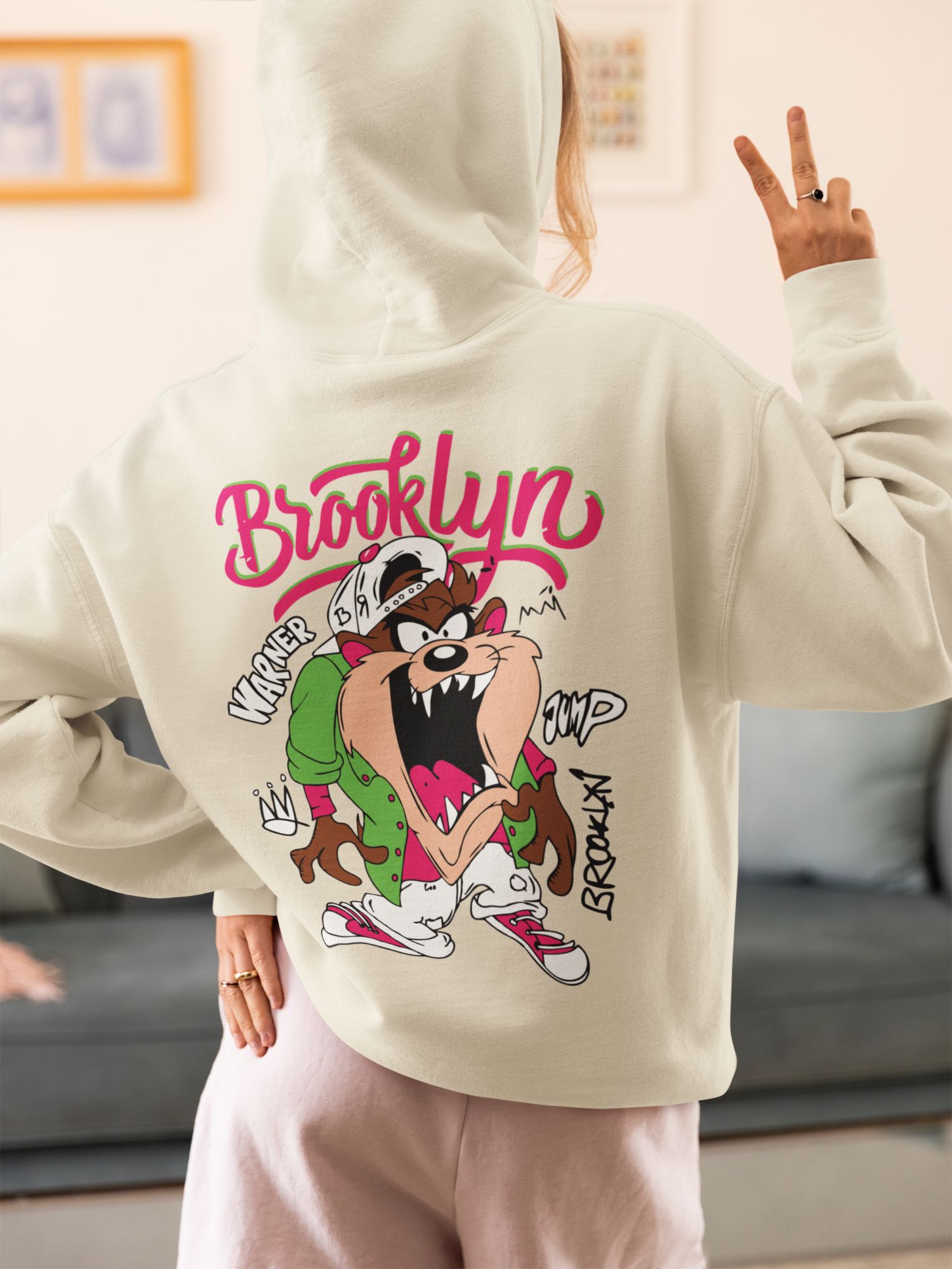 Brooklyn Warner Bros Cartoon Hoodie & T-Shirt Featuring Taz 90s Style — back view thumbnail