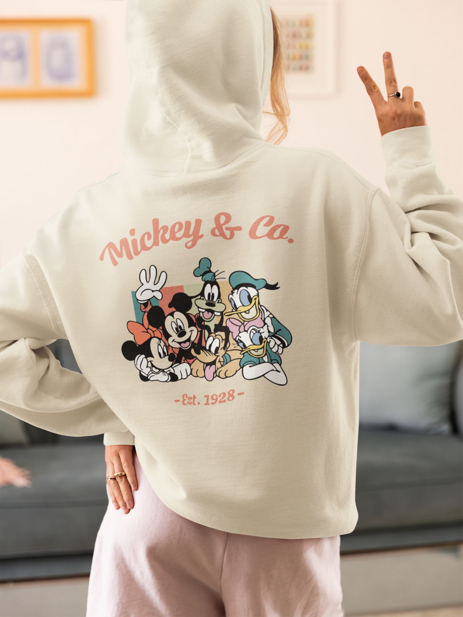 Disney Mickey & Co. Everyday Fleece Hoodie Adult Sizes S-4XL 13 Oz. 50/50 Cotton/Polyester Rib Knit Cuffs & Waistband Drawstring Hood — front view