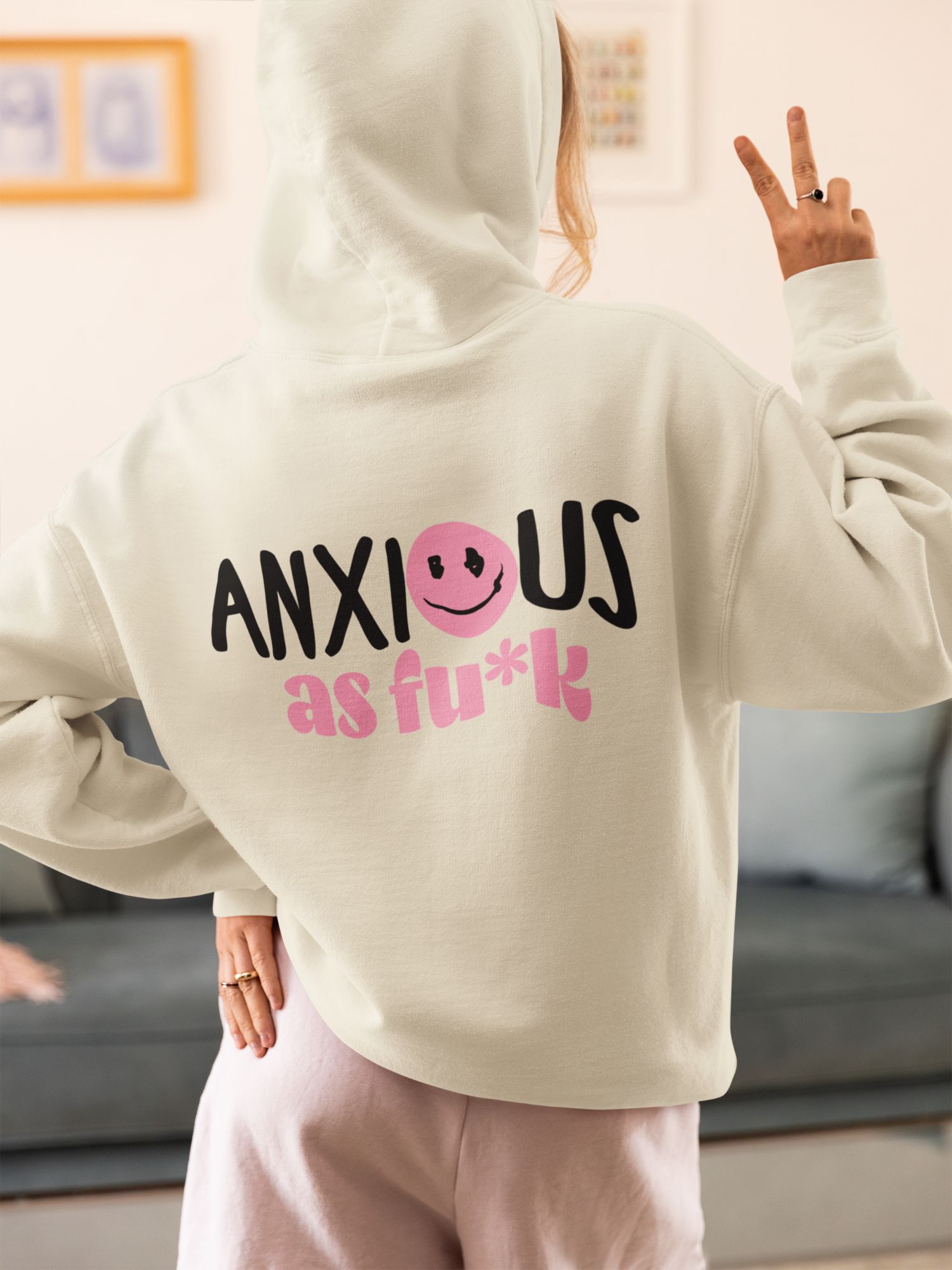 Anxious As Fuk Hoodie - Graphic Pullover Sweatshirt With Fun Smiley Print Comfy Fit Casual Style — back view thumbnail