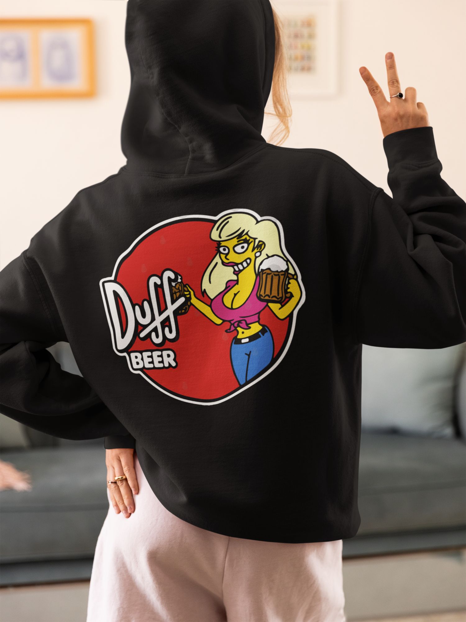 Duff Beer Hoodie & T-Shirt With Cartoon Character Print Unisex Loungewear Black Or White — back view thumbnail