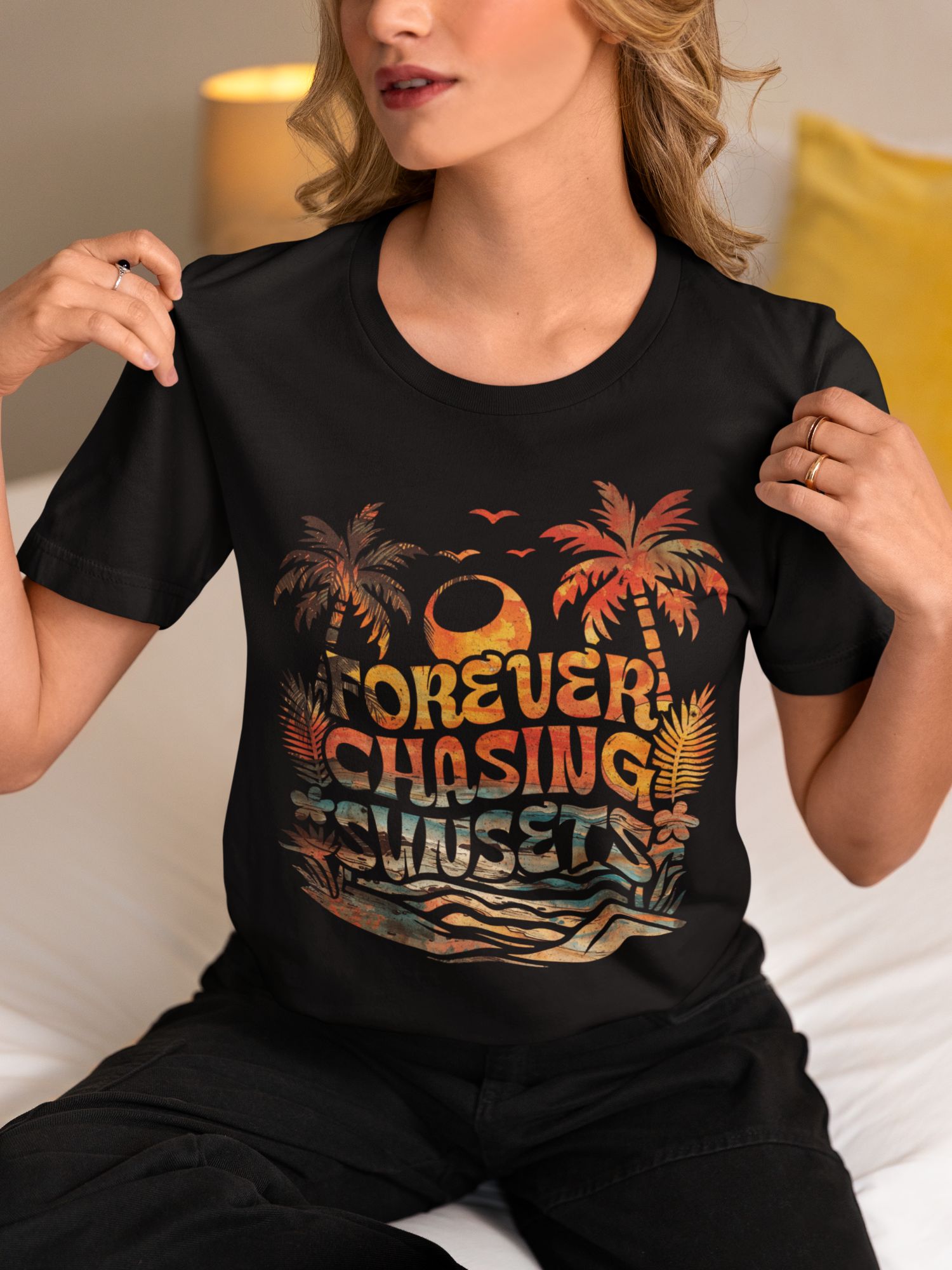 Forever Chasing Sunsets Graphic Tee - Unisex Everyday Cotton T-Shirt Black/White/Gray ATC1000 Soft & Breathable — back view thumbnail