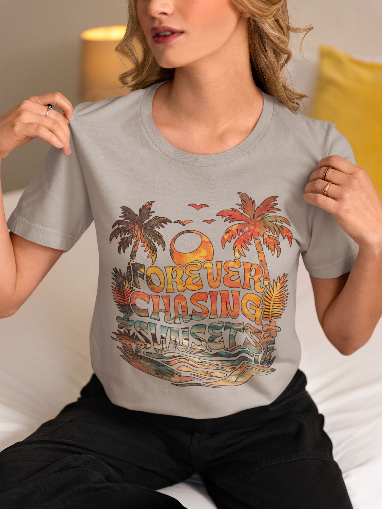 Forever Chasing Sunsets Graphic Tee - Unisex Everyday Cotton T-Shirt Black/White/Gray ATC1000 Soft & Breathable — front view