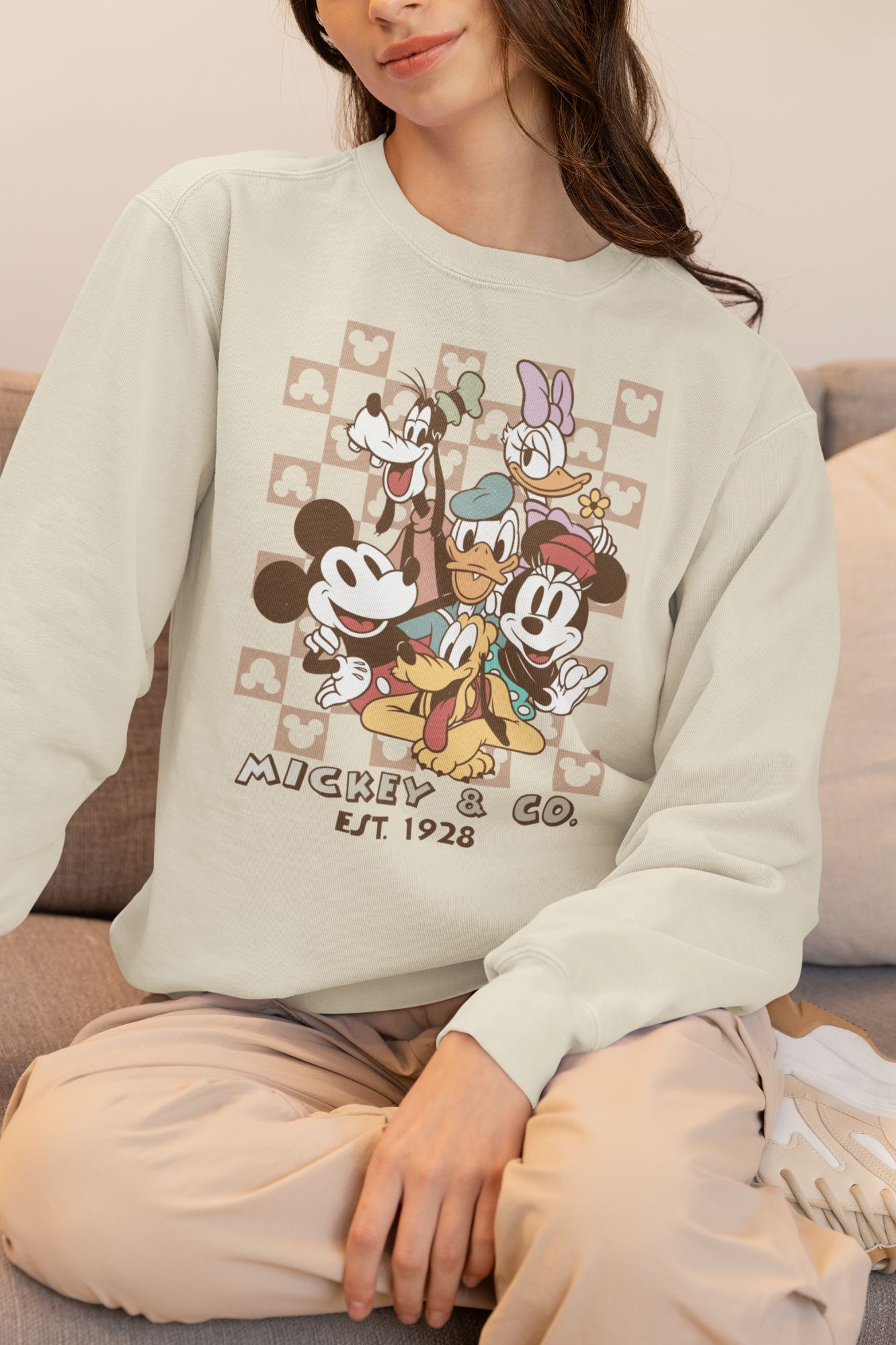 Vintage Disney Checkerboard Sweatshirt • Vintage “Mickey & Co.” Crewneck • Cozy Unisex Pullover Featuring Mickey, Pluto, Goofy, Daisy, Donal — back view thumbnail