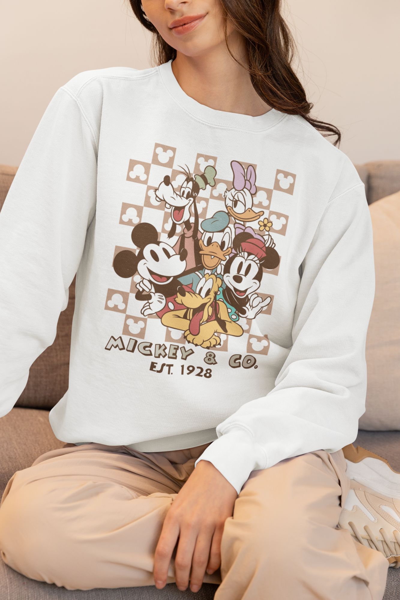 Vintage Disney Checkerboard Sweatshirt • Vintage “Mickey & Co.” Crewneck • Cozy Unisex Pullover Featuring Mickey, Pluto, Goofy, Daisy, Donal