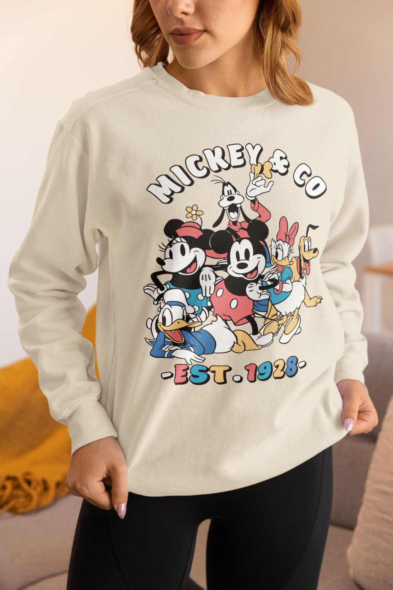Bold Disney Cartoon Sweatshirt • “Mickey & Co. Est. 1928” Crewneck • Colorful Vintage Pullover with Mickey, Donald, Daisy, Pluto, Goofy & Mi — back view thumbnail