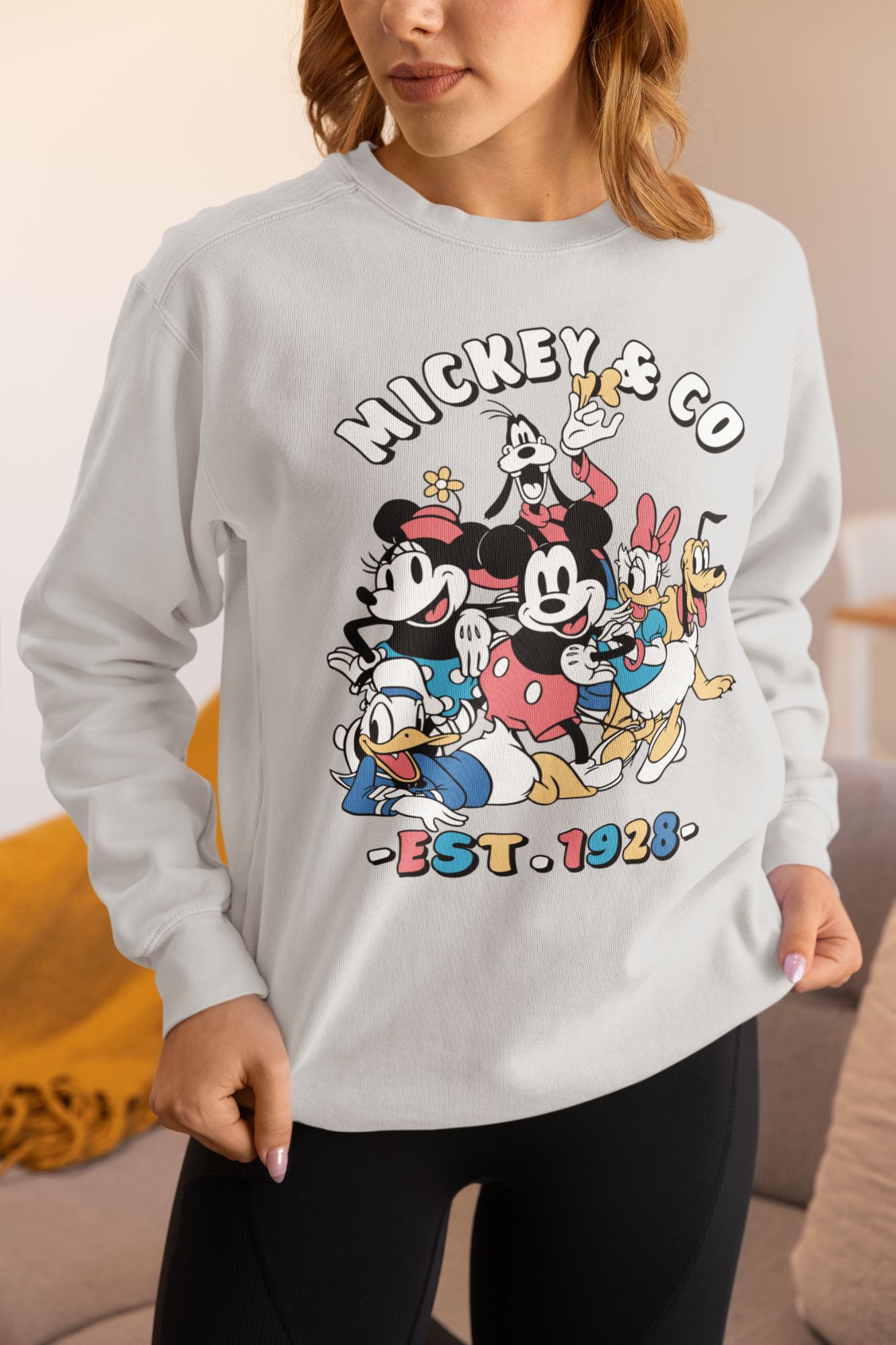 Bold Disney Cartoon Sweatshirt • “Mickey & Co. Est. 1928” Crewneck • Colorful Vintage Pullover with Mickey, Donald, Daisy, Pluto, Goofy & Mi
