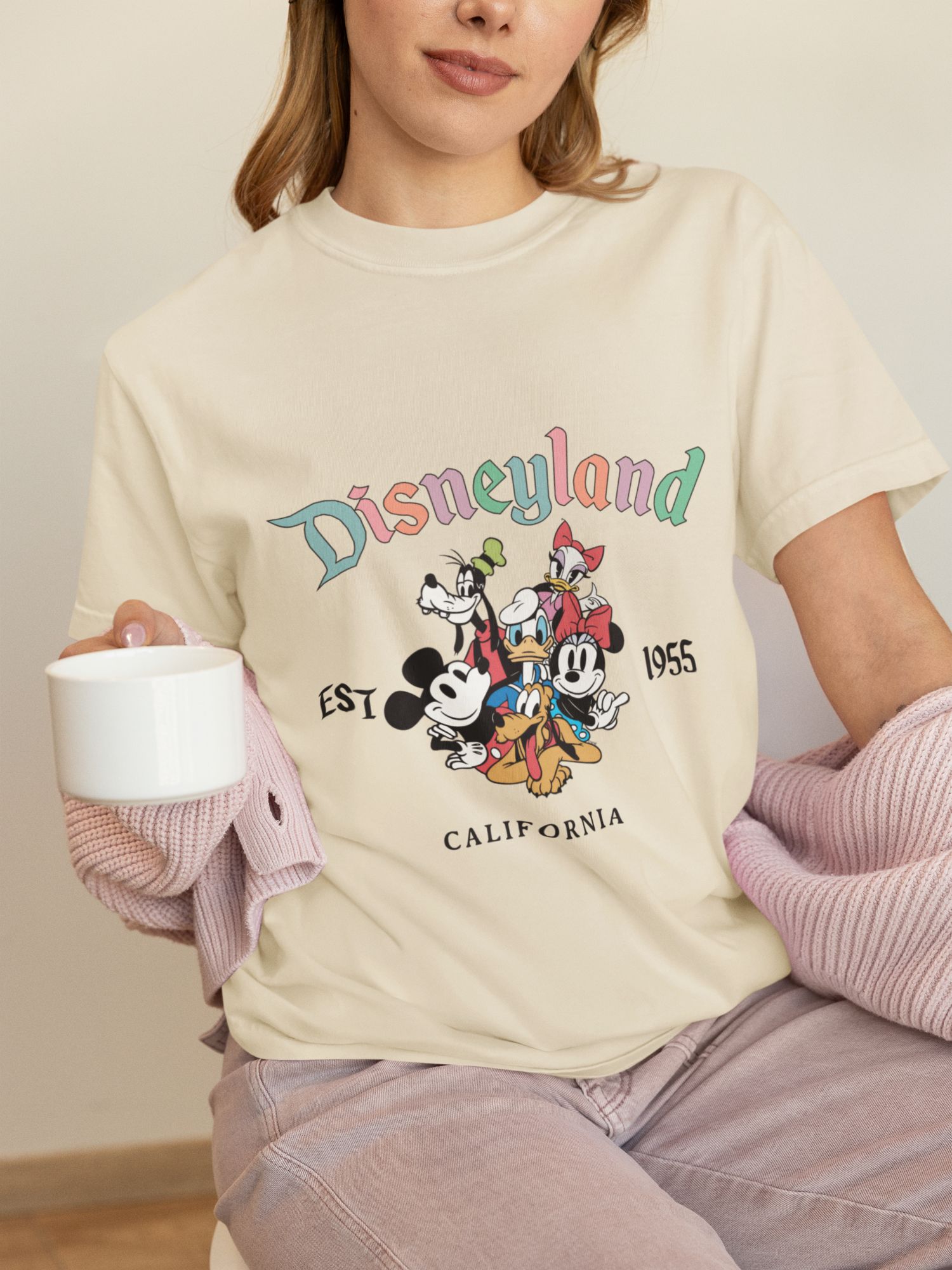 Disneyland Graphic Tee With Mickey & Friends EST 1955 California Print Unisex Casual Fit Cotton Blend Multiple Colors — front view