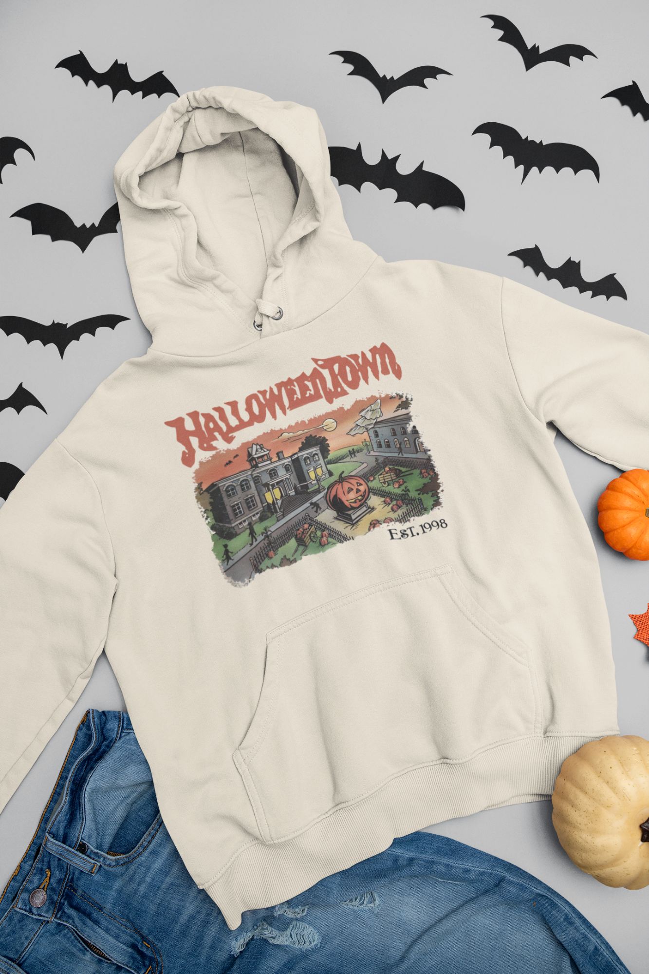 Halloween Town Graphic Fleece Hoodie Adult S-5XL Cotton/Poly — back view thumbnail