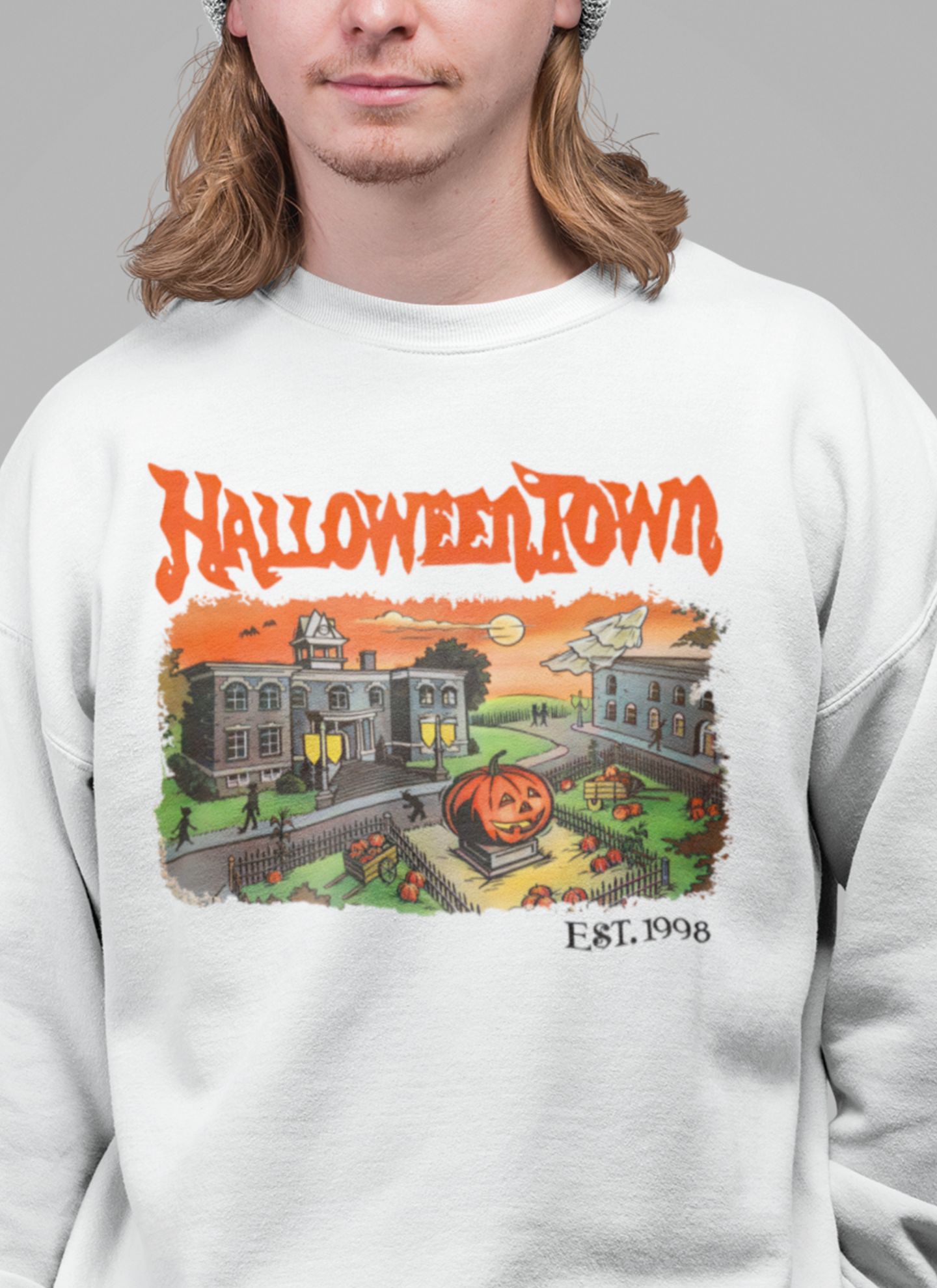 Halloween Town Graphic Fleece Hoodie Adult S-5XL Cotton/Poly — front view