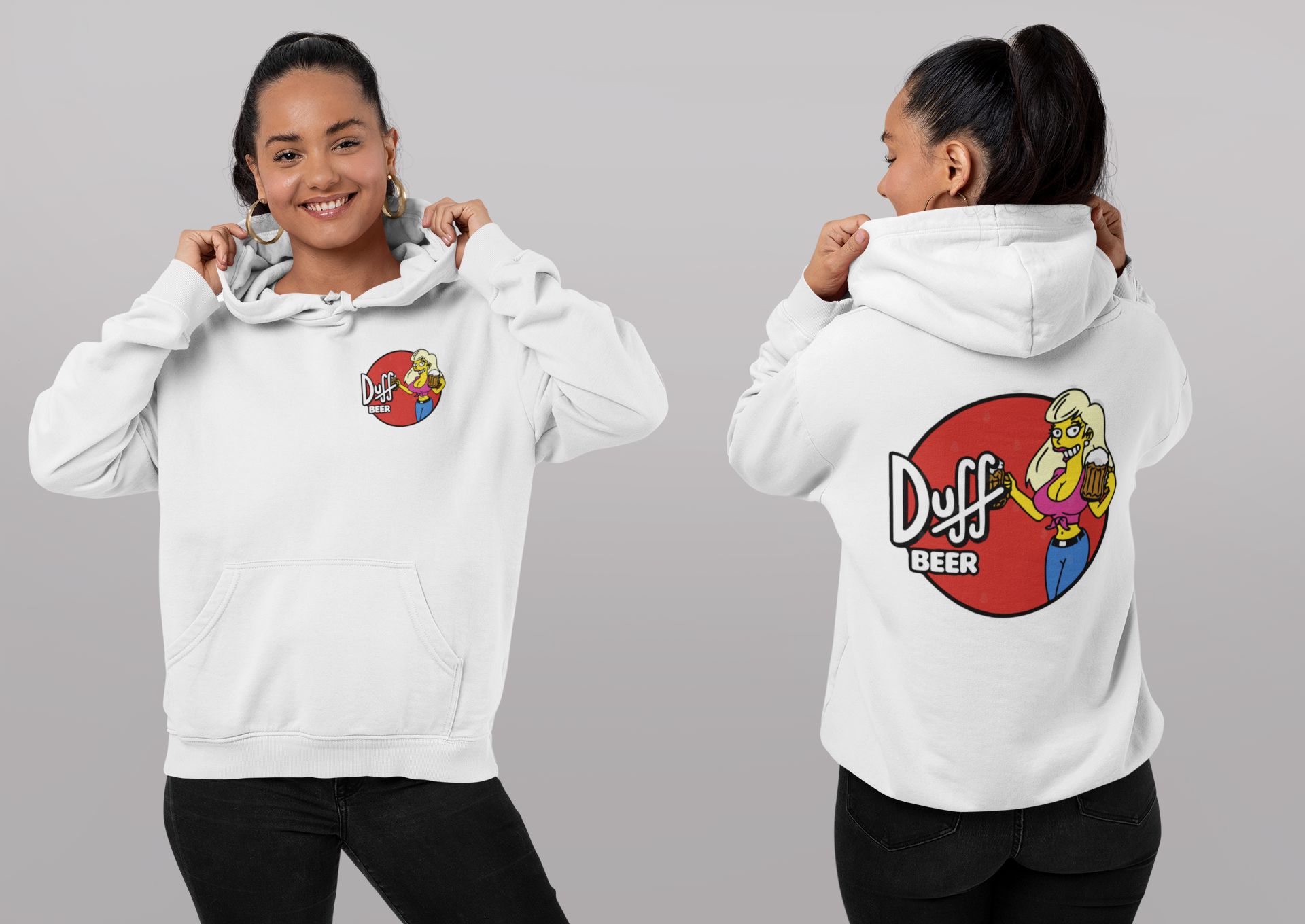 Duff Beer Hoodie & T-Shirt With Cartoon Character Print Unisex Loungewear Black Or White — front view