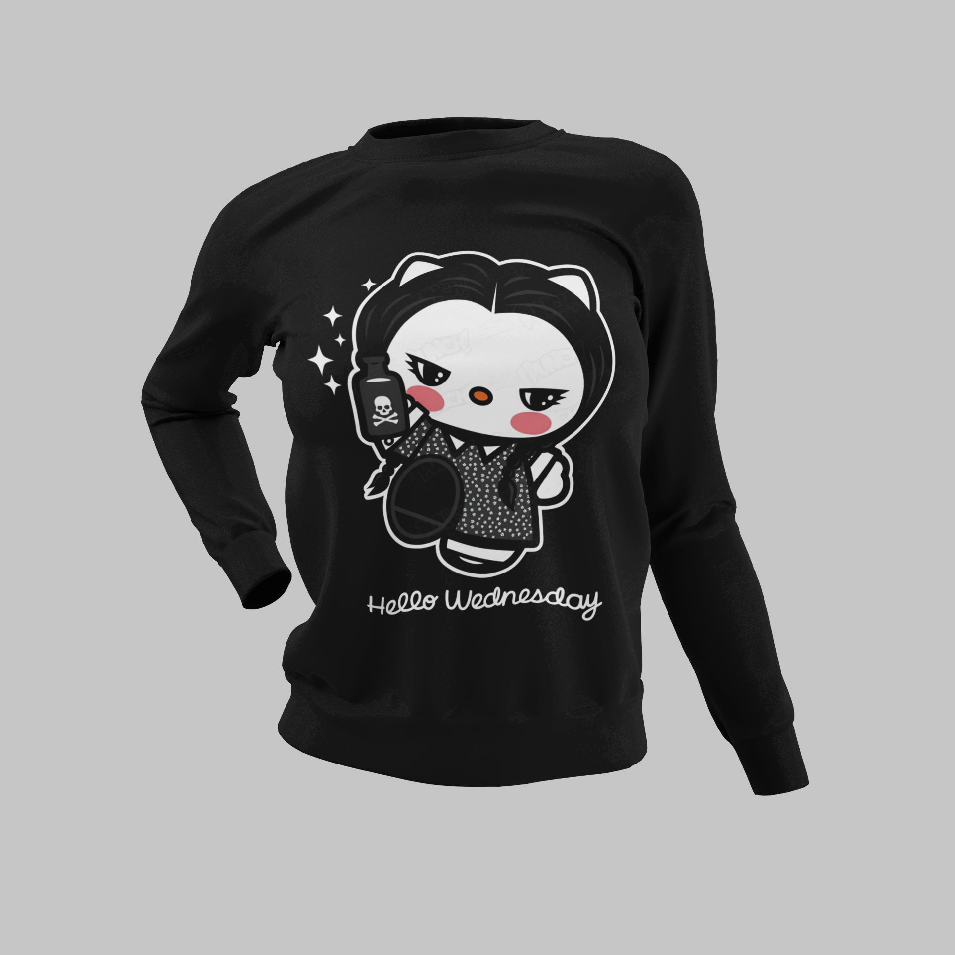 Hello Wednesday Gothic Hello Kitty Graphic Black Sweatshirt Hoodie & T-Shirt — back view thumbnail