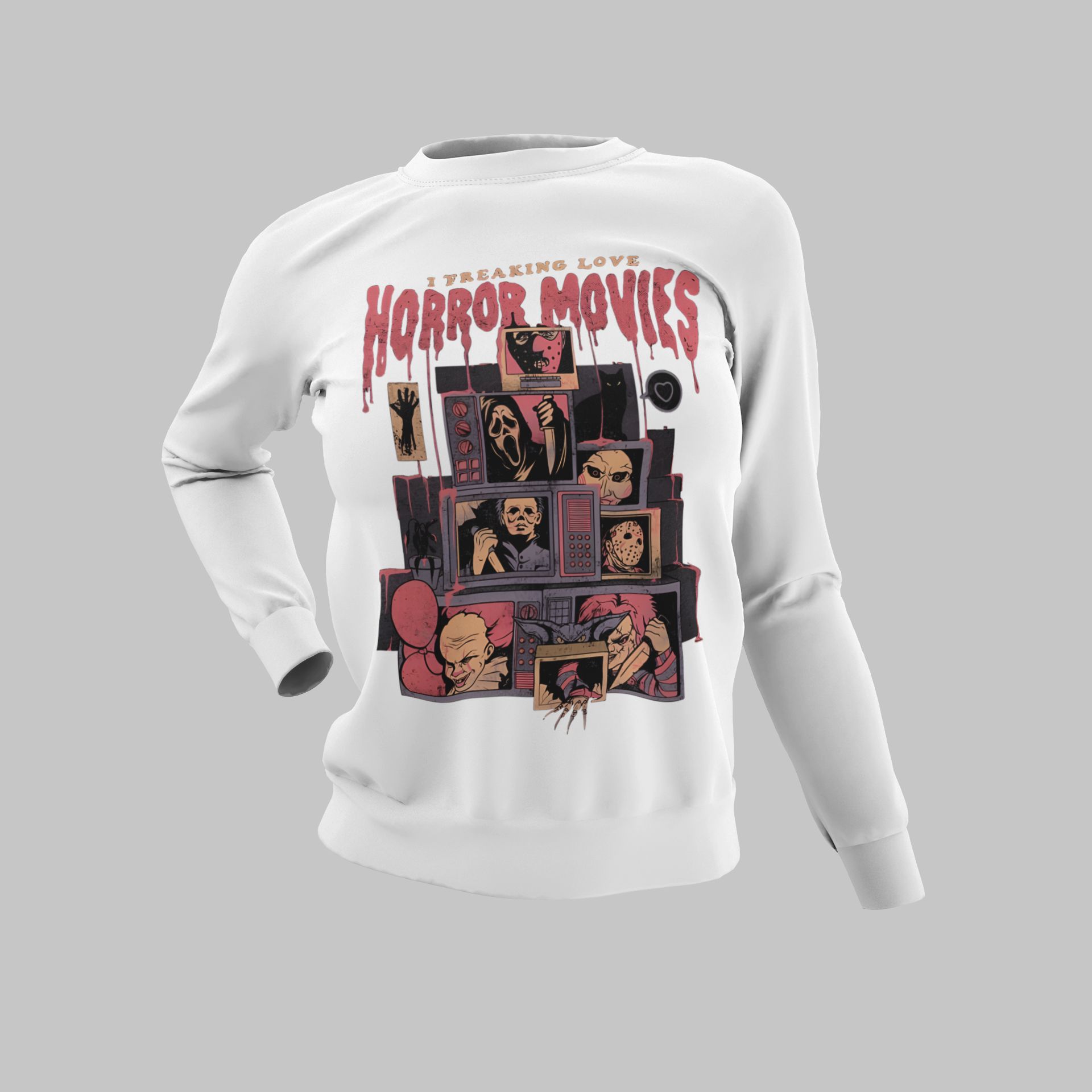 I Freaking Love Horror Movies Graphic T-Shirt Sweatshirt Hoodie Unisex Casual Wear Multiple Colors — front view