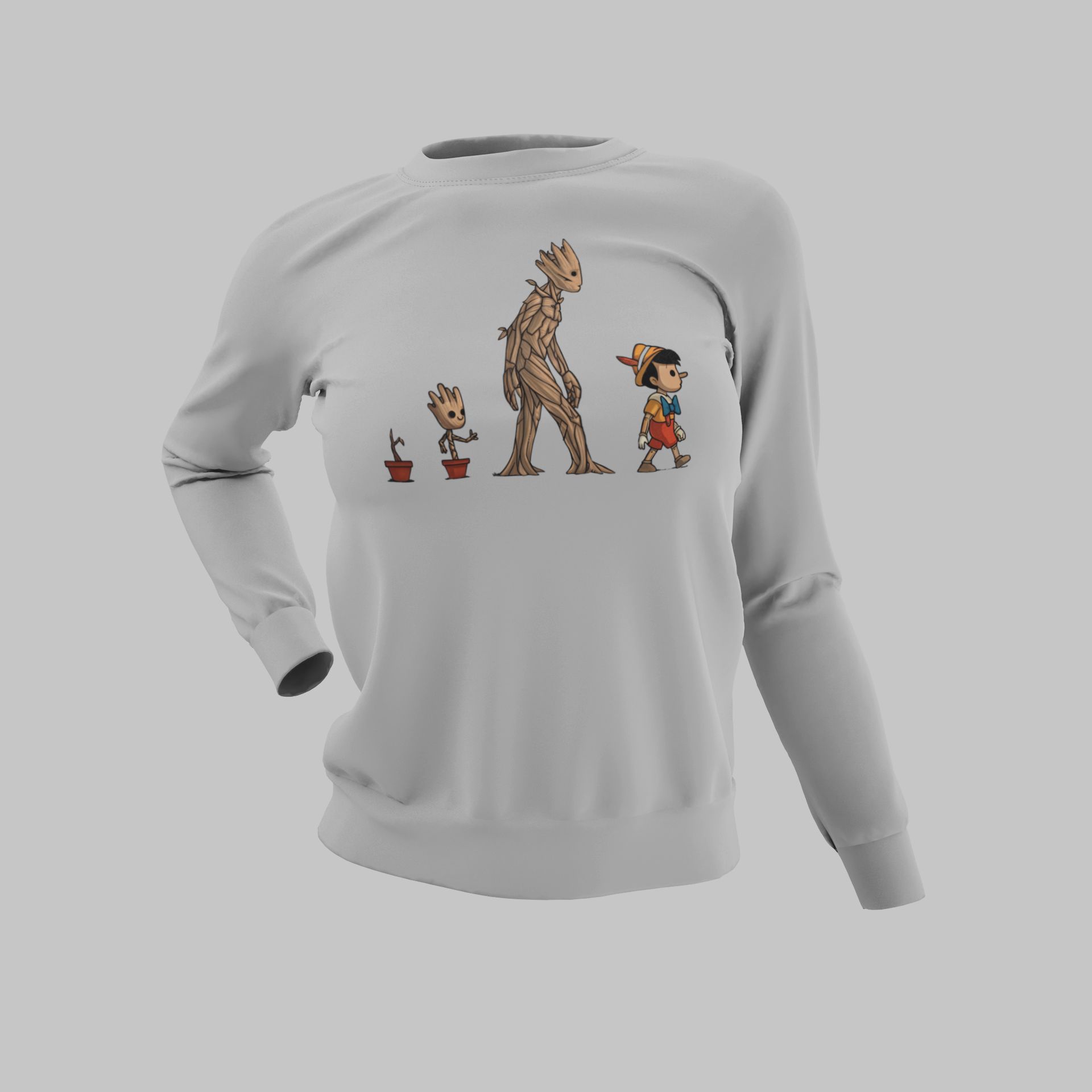 Groot & Pinocchio Evolution Graphic Sweatshirt / Hoodie / T-Shirt Unisex Cotton Blend Fun Pop Culture Design — front view