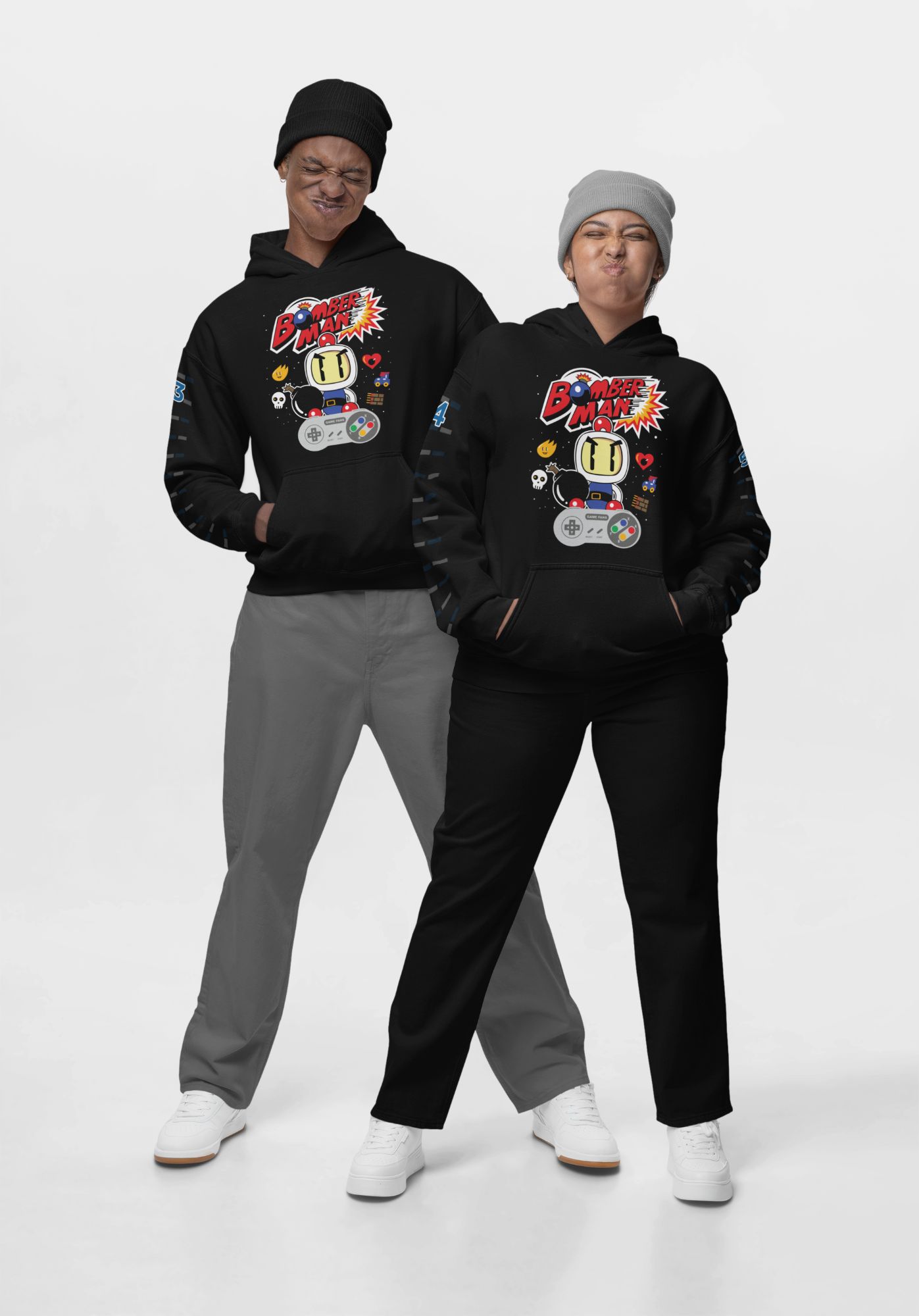 Bomberman Graphic Sweatshirt Hoodie Or Tee - Retro Gaming Apparel Unisex Fit Cotton Blend Black — front view