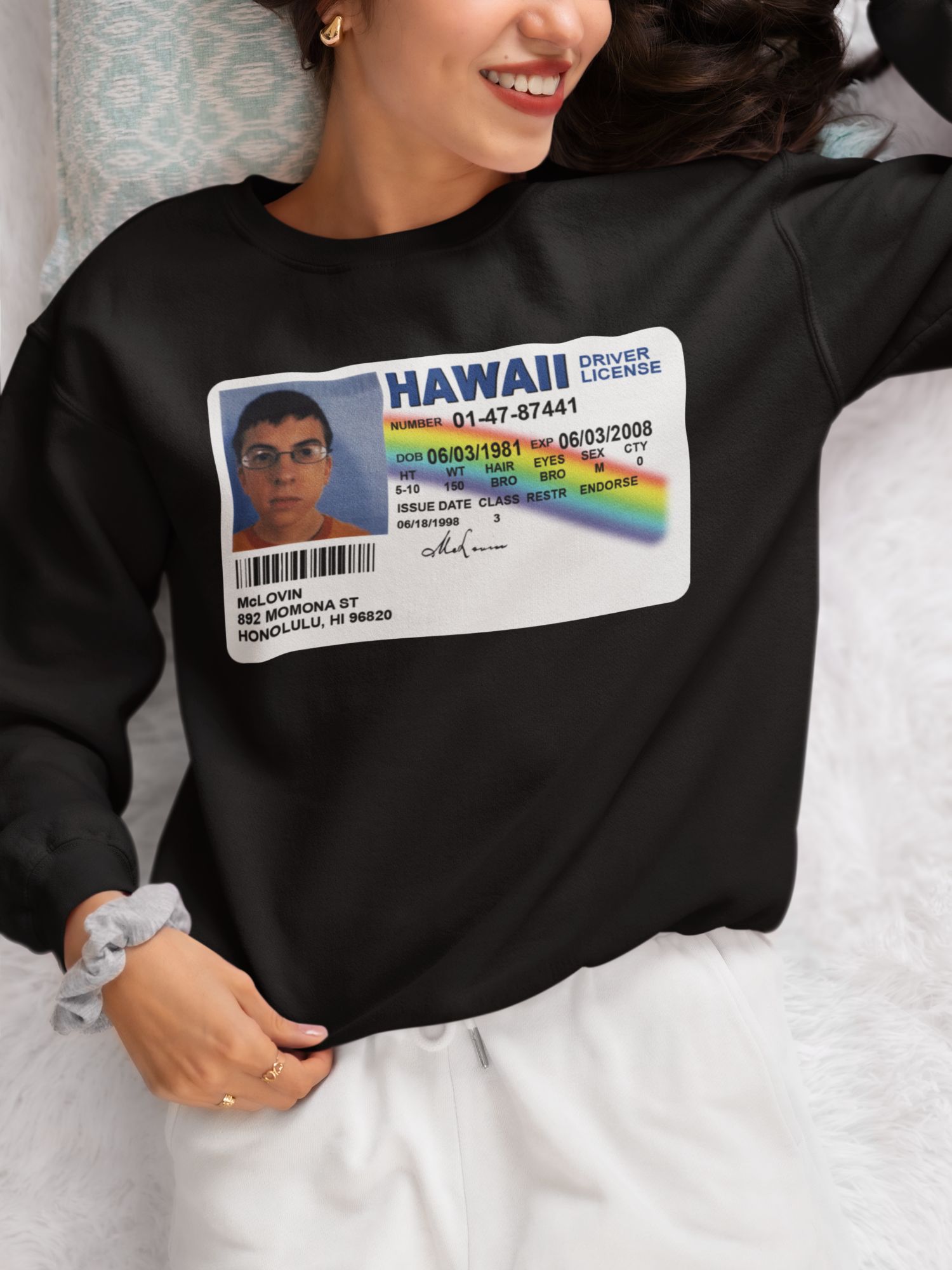 Mclovin Hawaii Driver License Graphic T-shirt, Hoodies, Crewneck Sweater, Tank-tops — back view thumbnail