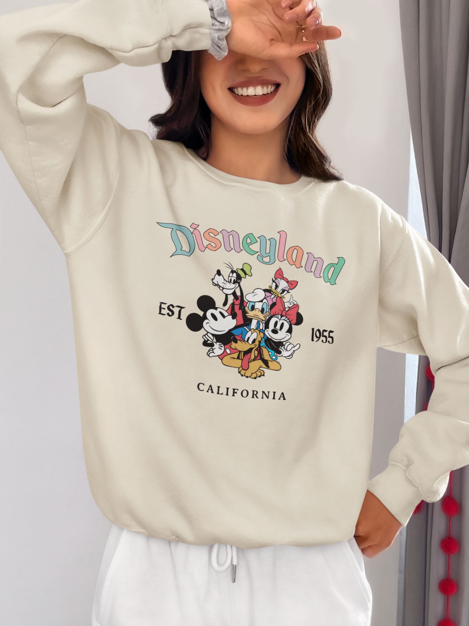Disneyland California Sweatshirt With Mickey & Friends Graphic Print — front view