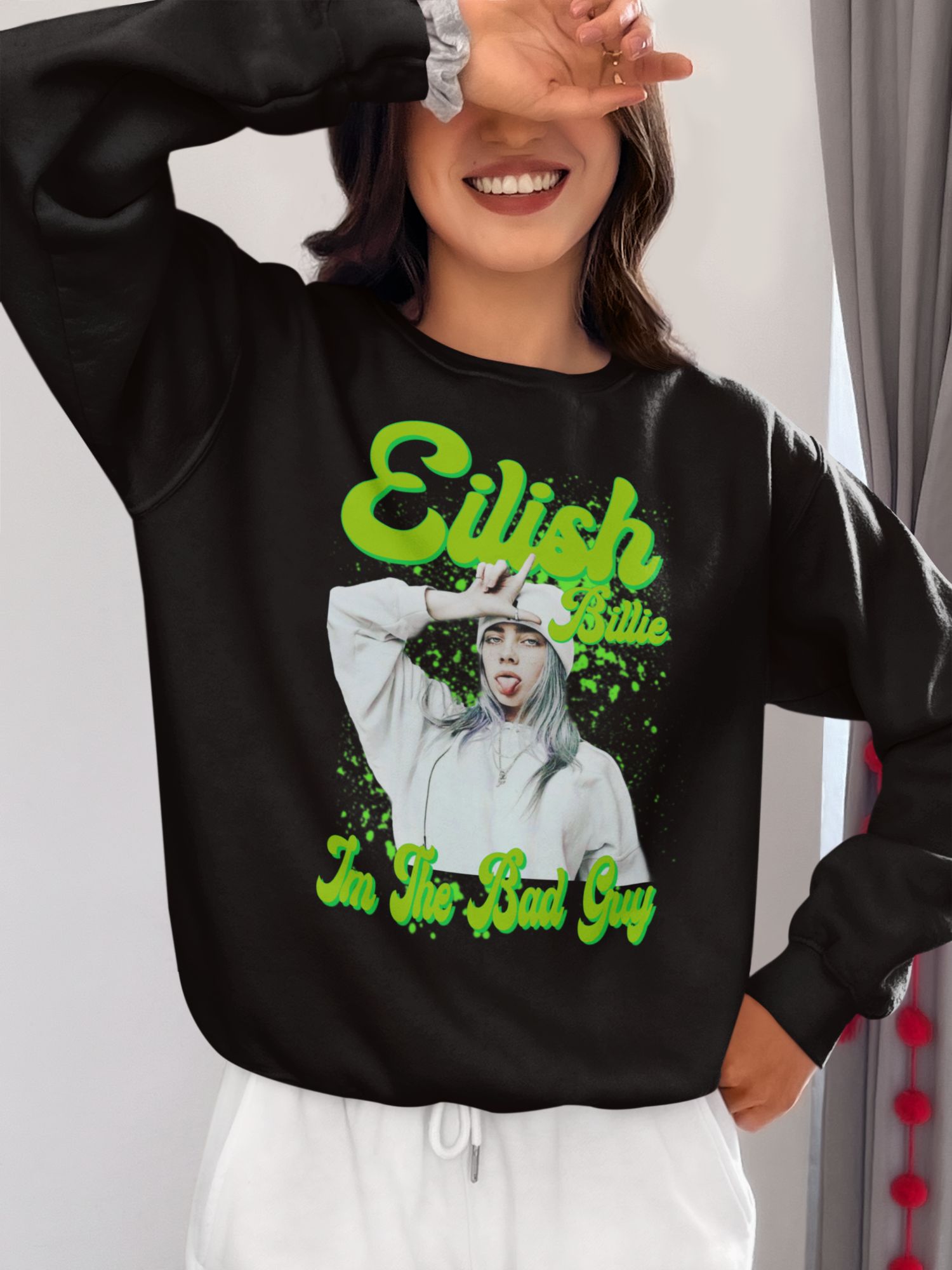 Billie Eilish "In The Bad Guy" Graphic Sweatshirt Pullover Unisex Casual Wear Black With Neon Green Design — front view