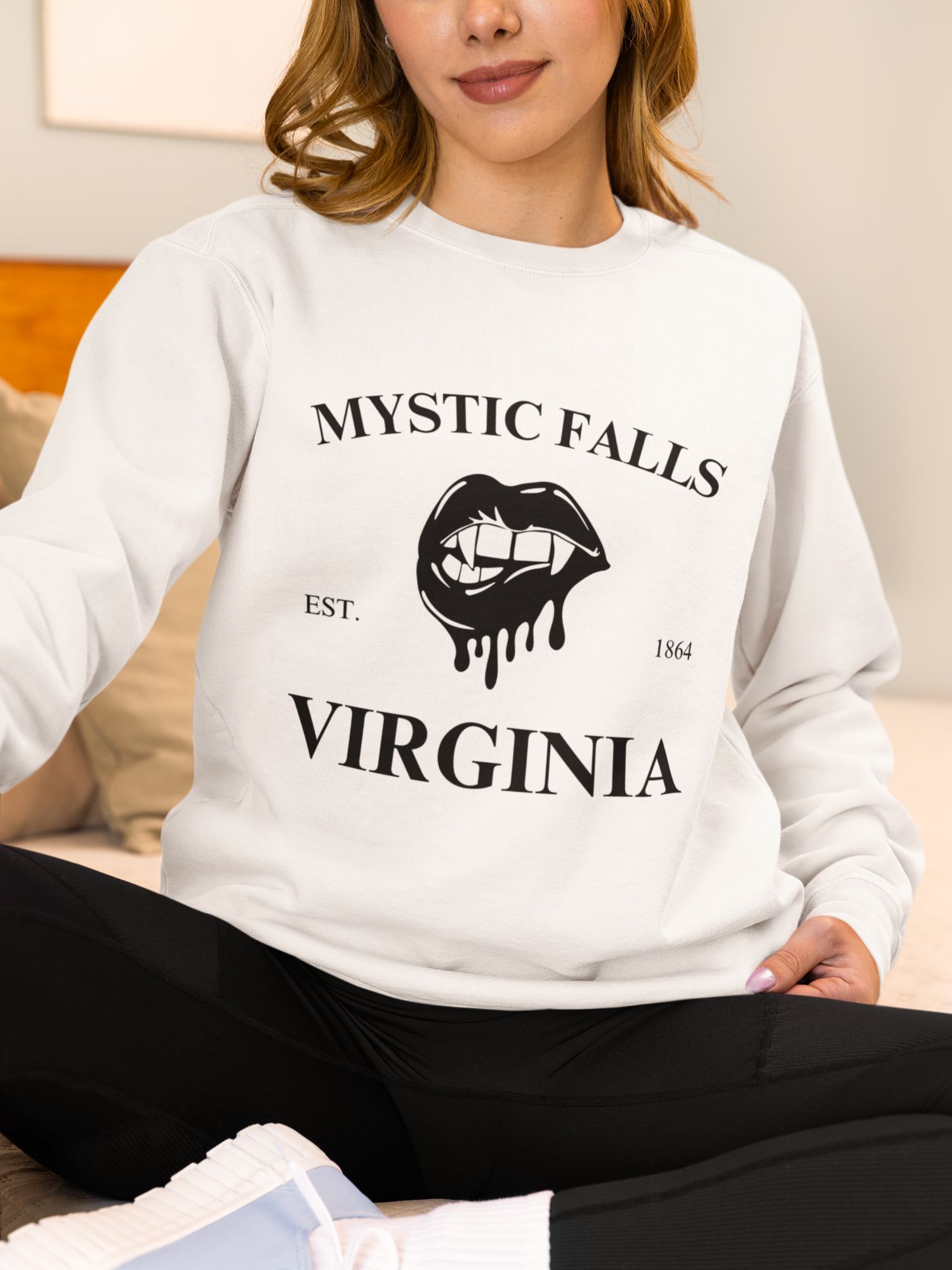 Mystic Falls Vampire Sweatshirt • Gothic Virginia Crewneck Pullover • Aesthetic Unisex Fleece for Vampire Diaries Fans • Est. 1864 — back view thumbnail