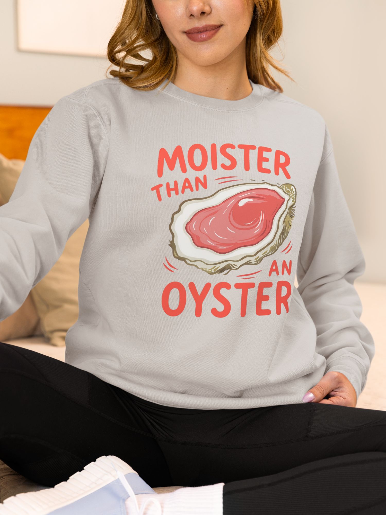 Moister Than an Oyster Funny Crewneck – Retro Adult Humor Sweatshirt for Parties, Bachelorettes, or Beach Days — back view thumbnail