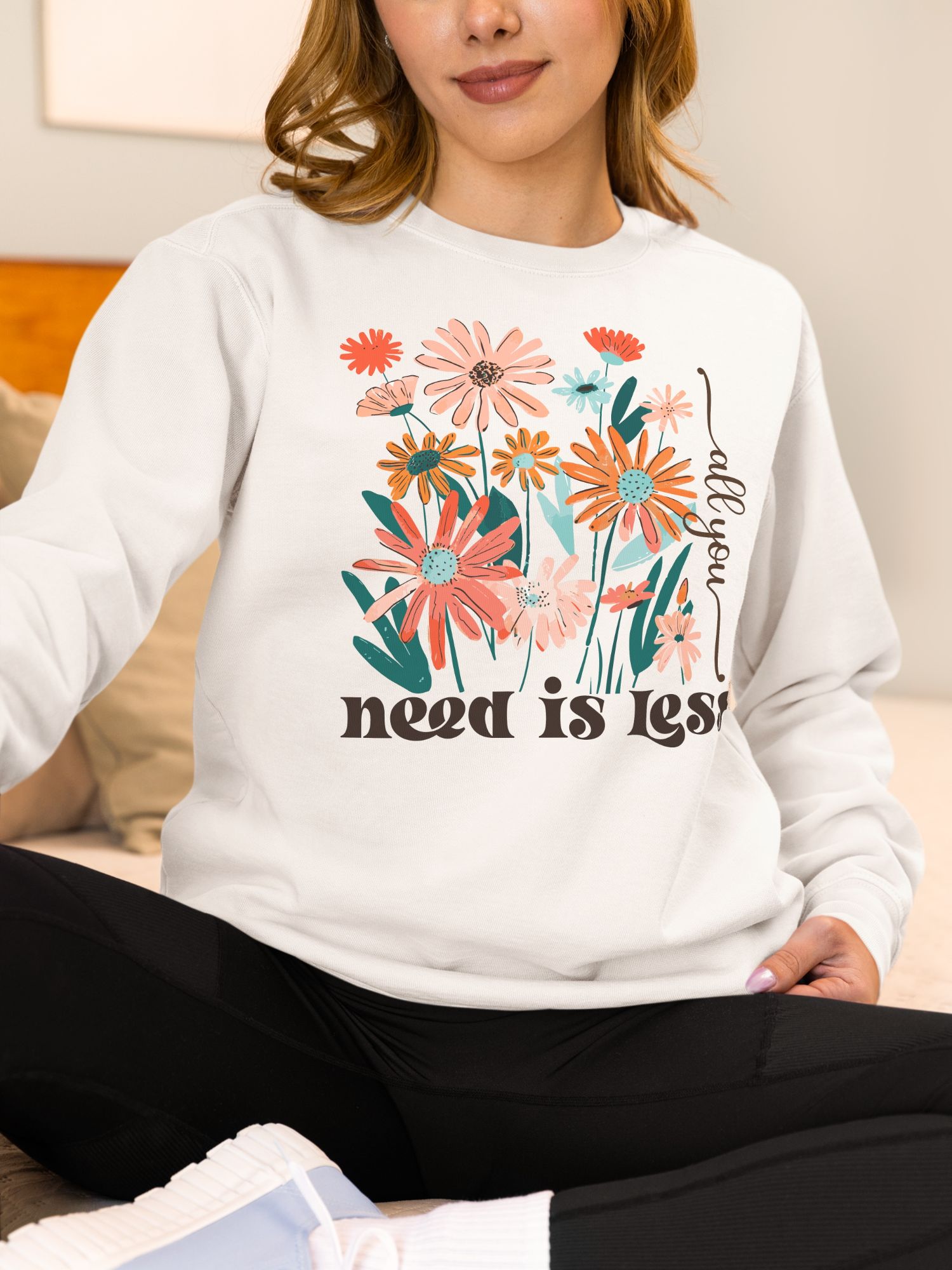 All You Need Is Less Sweatshirt Retro Floral Crewneck Vintage Boho Pullover — back view thumbnail