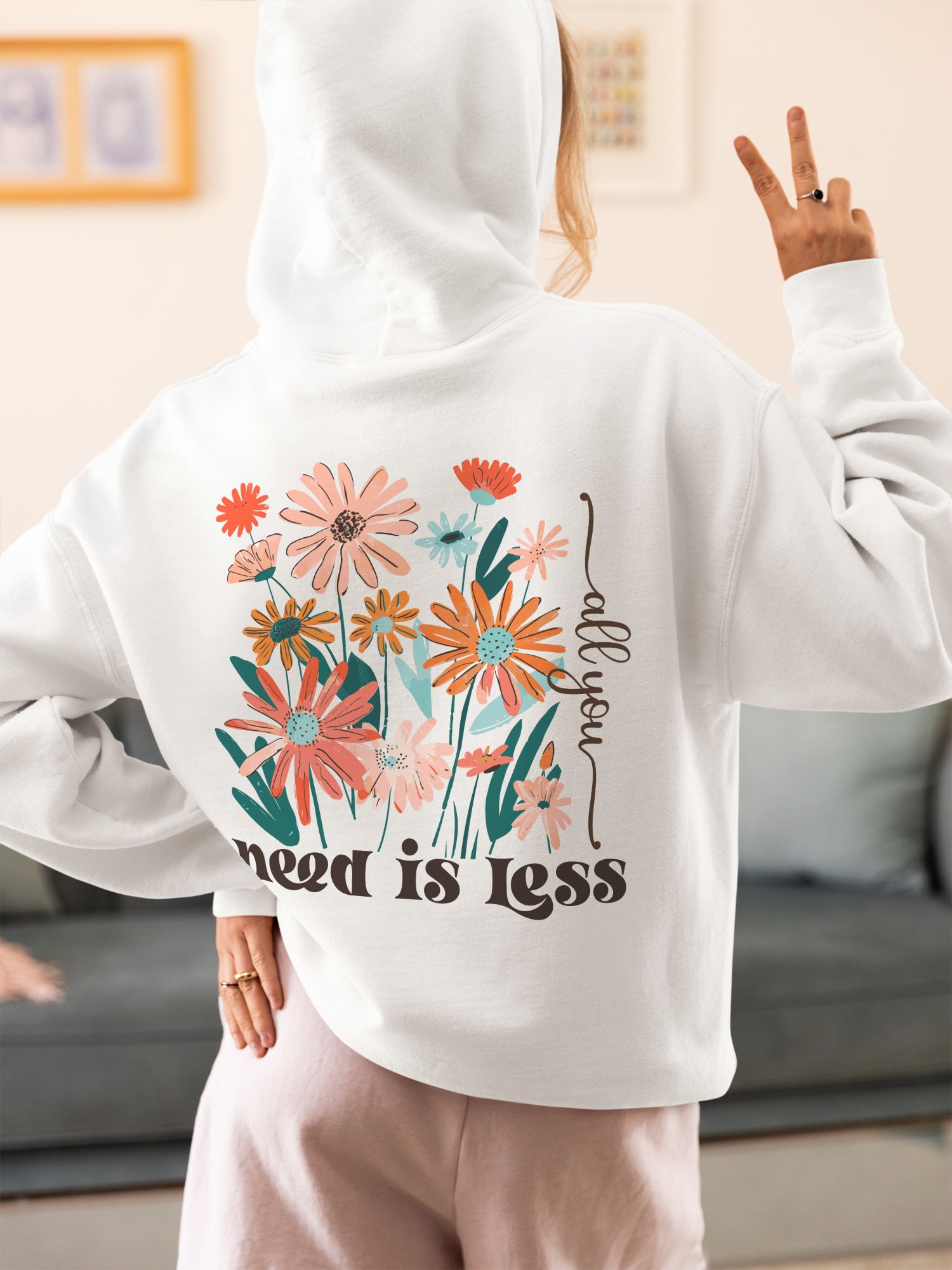 All You Need Is Less Hoodie Retro Floral Graphic Pullover Minimal Boho Style — back view thumbnail
