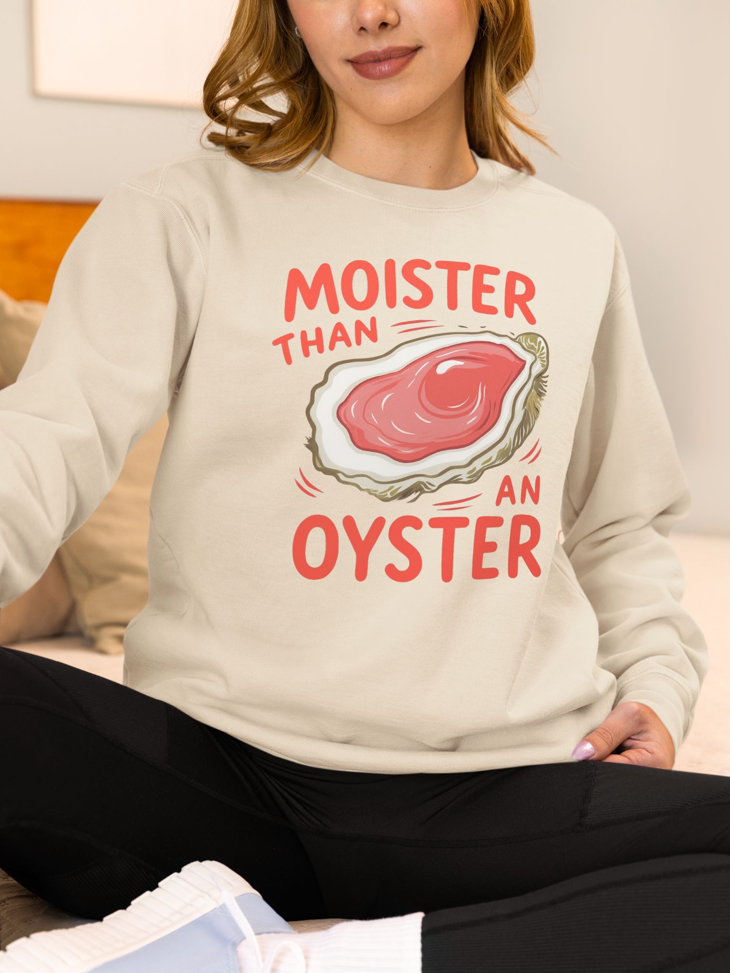 Moister Than an Oyster Funny Crewneck – Retro Adult Humor Sweatshirt for Parties, Bachelorettes, or Beach Days