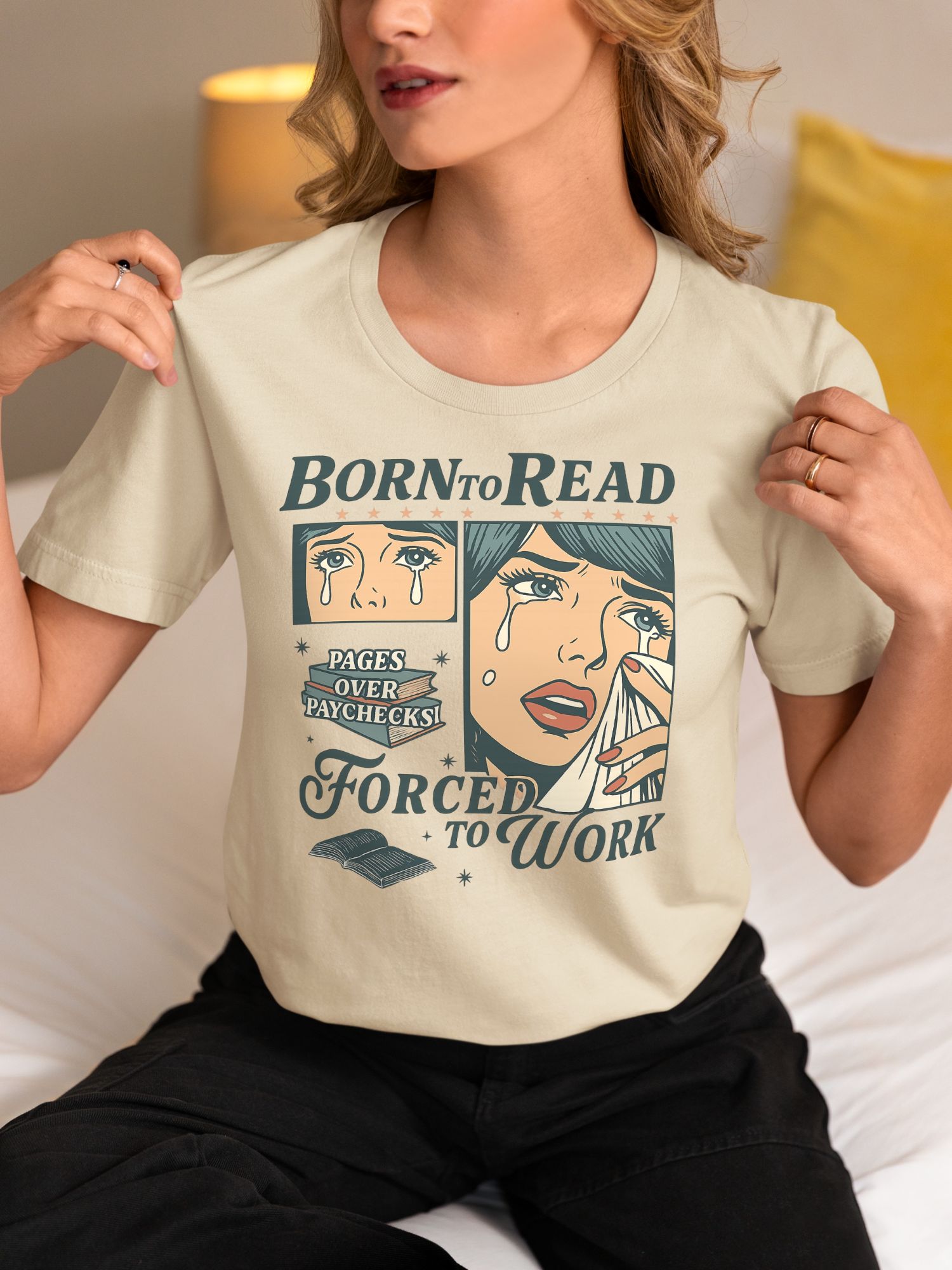 Born to Read Forced to Work T-Shirt – Funny Retro Book Lover Shirt, Literary Humor Graphic Tee for Readers, Teachers, Bookworms — back view thumbnail