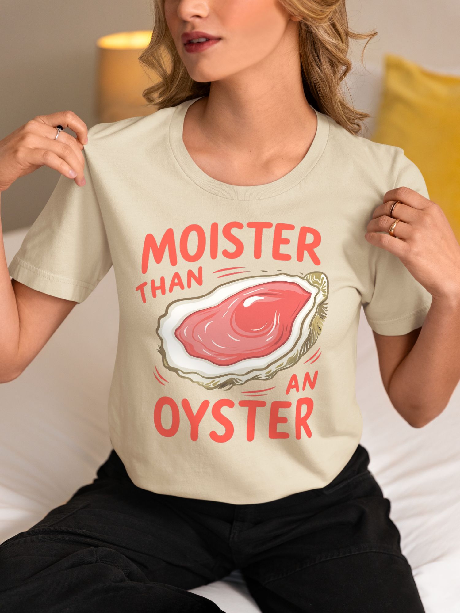 Moister Than an Oyster Funny T-Shirt – Retro Graphic Tee for Adults, Bachelorette, Birthday, or Beach Vibes — front view
