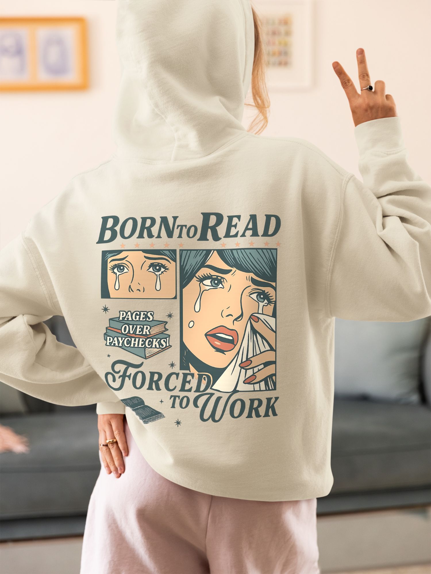 Born to Read Forced to Work Hoodie – Funny Book Lover Retro Comic Hoodie, Cozy Gift for Readers, Teachers, Librarians, Bookworms — front view